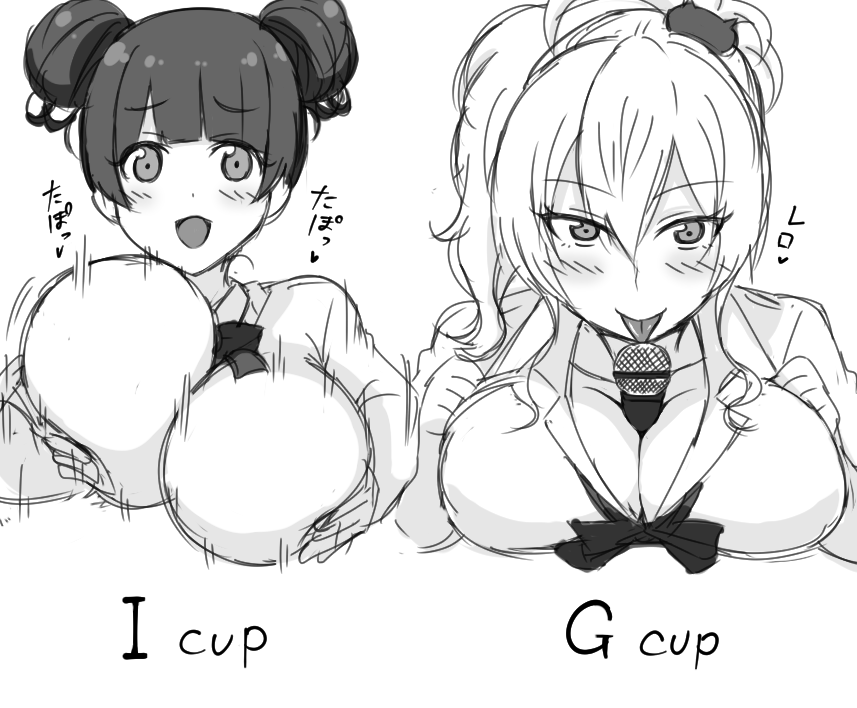 between_breasts black_and_white breasts clothed_paizuri double_bun female fujinoki_nene gyaru hajimete_no_gal huge_breasts microphone monochrome paizuri paizuri_under_clothes tawashi1623 yame_yukana