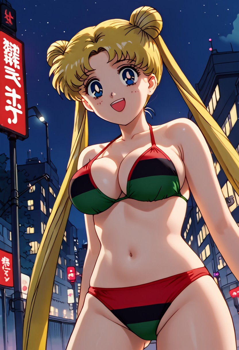 1girls ai_generated alternate_breast_size bikini bishoujo_senshi_sailor_moon blonde_hair blue_eyes breasts city civitai cleavage female large_breasts long_hair looking_at_viewer night open_mouth outdoors pan-african_flag pan-african_flag_bikini panties sailor_moon smile smiling_at_viewer solo twintails usagi_tsukino