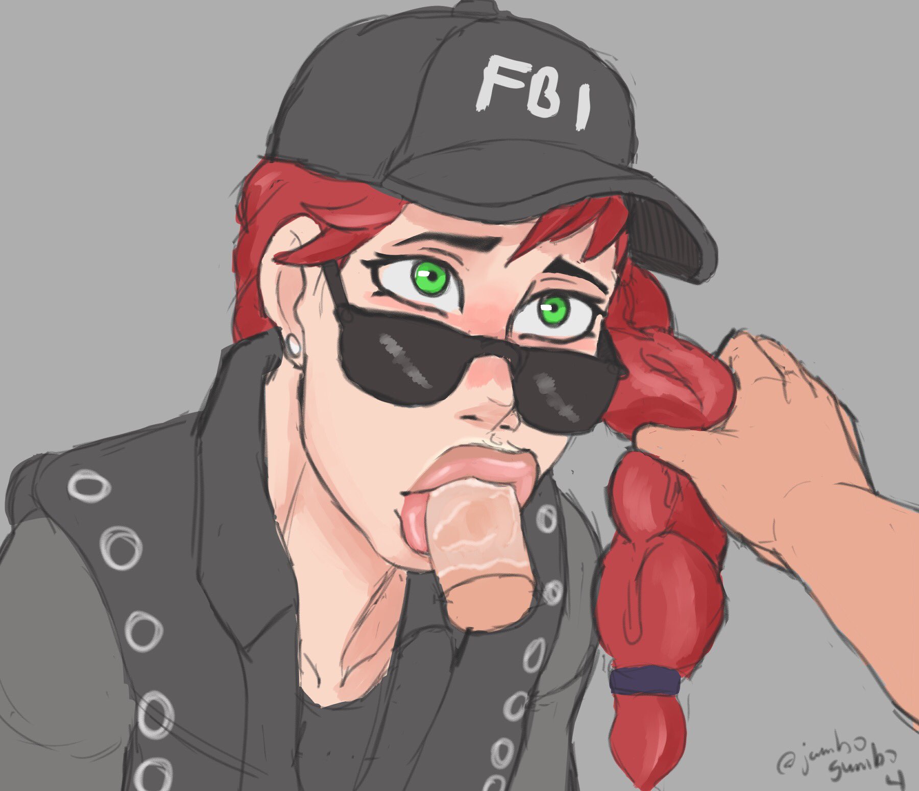 1boy, 1girls, american, ash (rainbow six), braid, braided ponytail, clothed, clothing, disembodied hand, disembodied penis, ear piercing, fellatio, female, ginger, glasses askew, green eyes, grey background, hair pull, hands-free, jumbogumbo, looking at another, looking over eyewear, looking over glasses, male, oral, penis, rainbow six, rainbow six siege, red hair, saliva, seductive mouth, sunglasses, thick lips, tinted eyewear, tom clancy