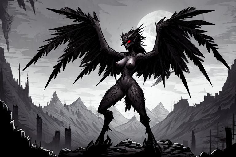 ai_generated black_feathers fantasy female female_only harpy harpy_girl moon mountain night nude red_eyes teron_games winged_arms wings