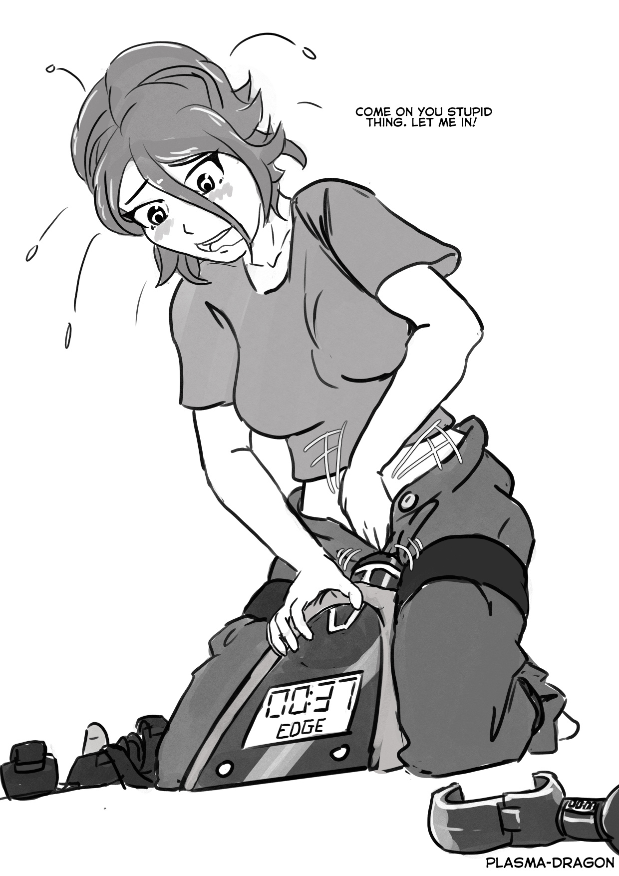 1girls, ashley (plasma-dragon), edging, english text, female, female only, monochrome, open mouth, orgasm denial, plasma-dragon, simple background, sketch, sybian, text, white background
