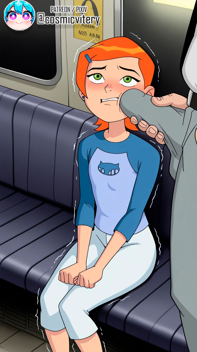 ai_generated ben_10 cosmicvitery female green_eyes grope gwen_tennyson orange_hair penis public