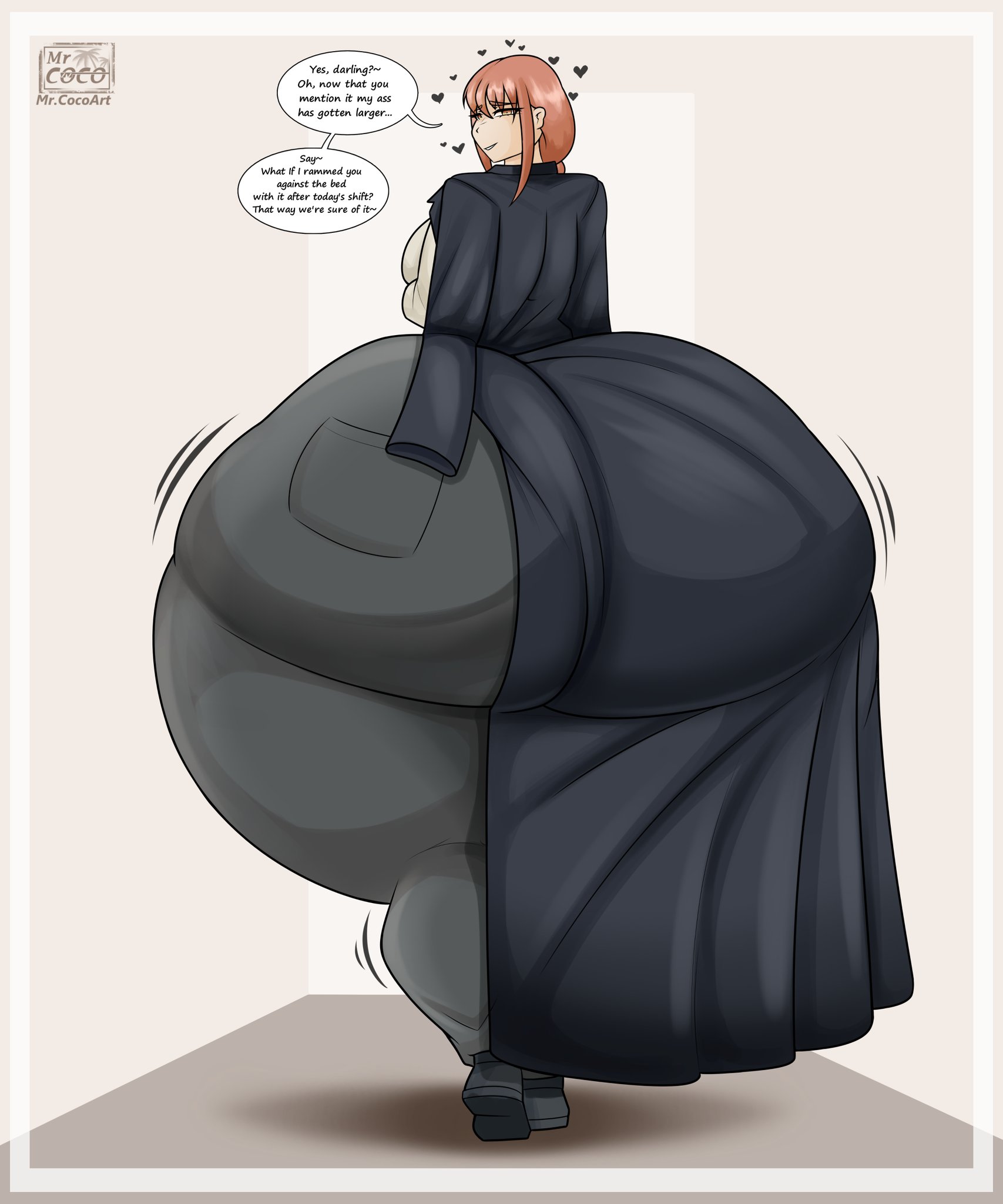 1girls, 2025, alternate version at source, alternate version available, ass, ass bigger than head, ass bigger than torso, ass body, ass expansion, ass focus, ass wobble, big breasts, bottom heavy, breasts, business suit, chainsaw man, clothed, clothed female, dialogue, enormous ass, expansion, fat ass, female, female only, gigantic ass, heart, hearts around head, hi res, huge ass, huge breasts, hyper, hyper ass, imminent buttcrush, imminent sex, implied expansion, light-skinned female, long hair, looking at viewer, looking back, looking back at viewer, looking behind, makima (chainsaw man), movement lines, mr.coco, mrcoco, seductive, simple background, solo, solo female, tagme, talking, talking to viewer, text, text bubble, thick thighs, tight pants, watermark, wide hips, wobbling ass, yellow eyes, yellow-eyed female