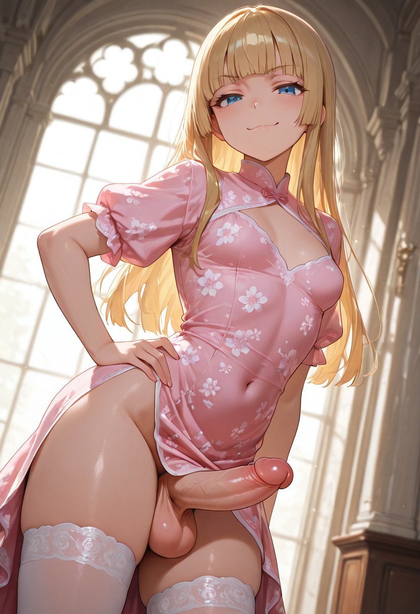 1futa ai_generated balls blue_eyes dress dutch_angle erection futa_only futanari hand_on_hip hand_on_own_hip hime_cut hime_girl_(jamesbron) jamesbron large_penis legwear long_hair looking_at_viewer no_panties penis pink_dress small_breasts smug solo solo_futa standing stockings thighhighs thighs white_legwear white_stockings