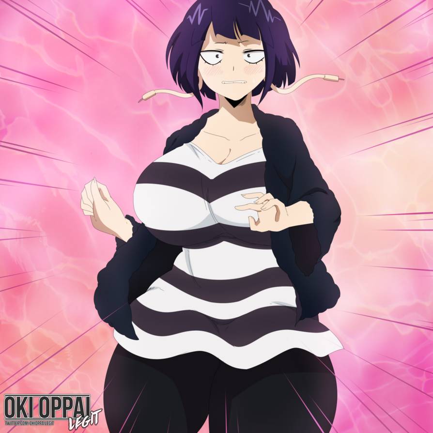 1girls, alternate breast size, big breasts, blush, breasts, clothed, female, female only, kyoka jiro, my hero academia, nervous, okioppai, pink background, purple hair, text, url, voluptuous, watermark