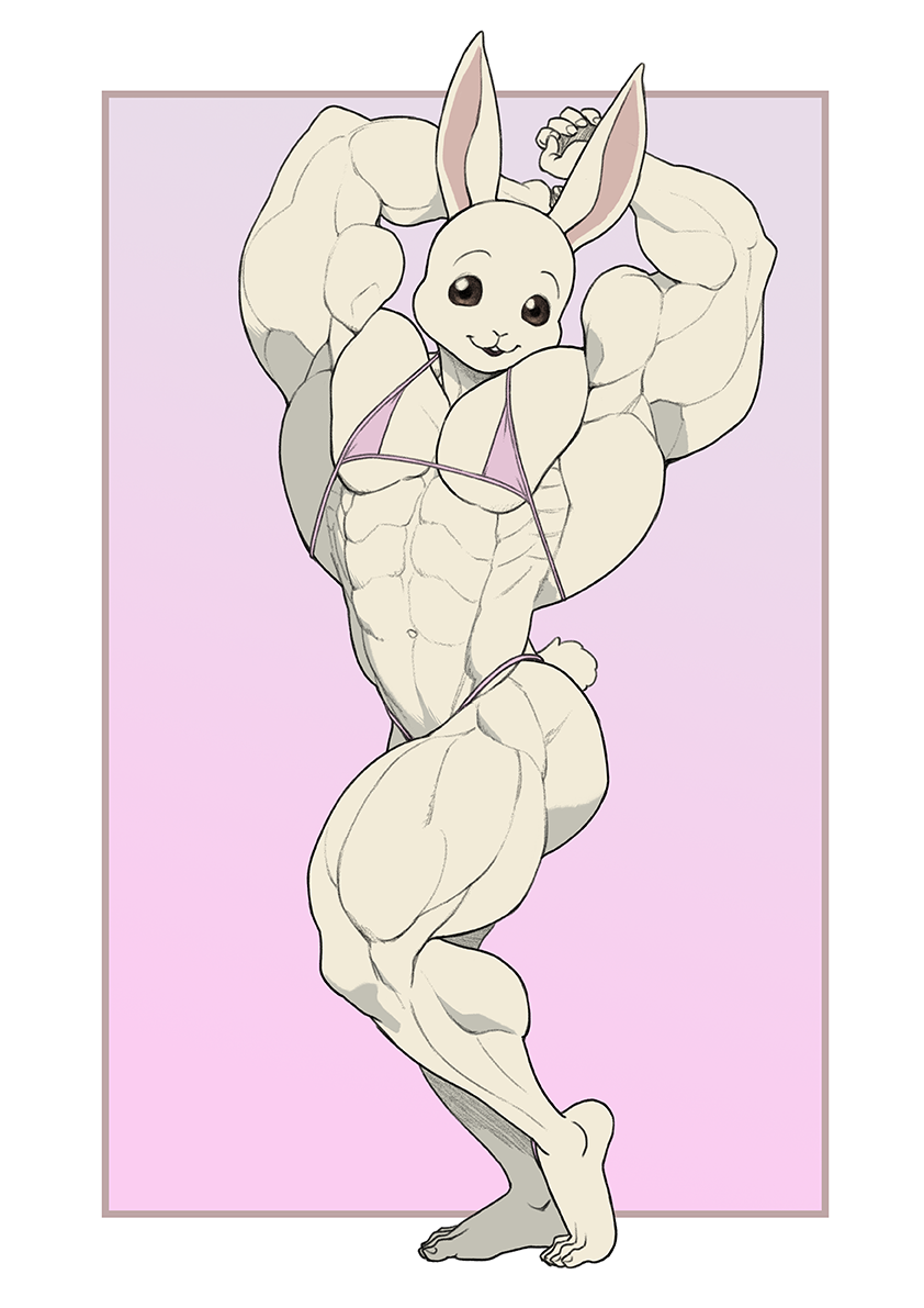 abs anthro beastars biceps big_muscles bikini bikini_bottom breasts clothing domestic_rabbit dwarf_rabbit female fur hands_behind_head haru_(beastars) huge_muscles lagomorph leporid mammal muscular muscular_anthro muscular_arms muscular_female muscular_legs muscular_thighs navel oryctolagus pecs pokkuti pose rabbit small_breasts solo string_bikini swimwear two-piece_swimsuit white_body white_fur