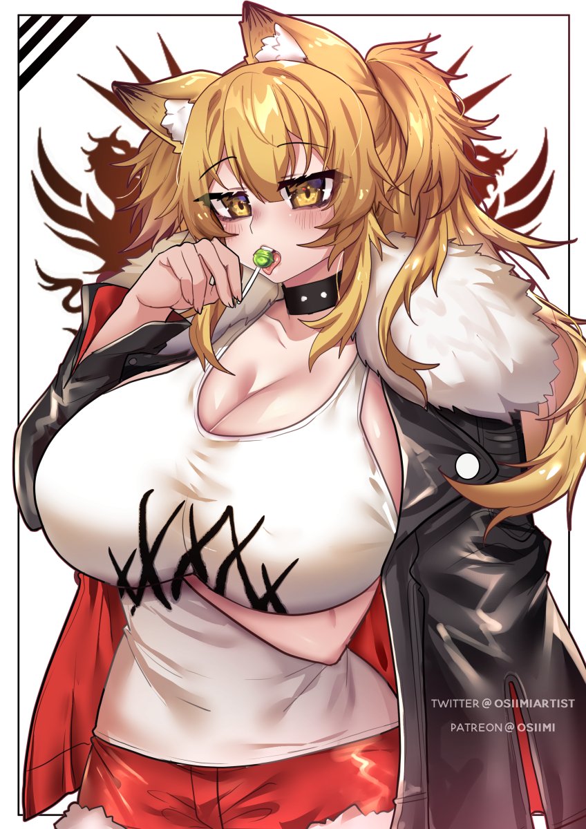 alternate breast size, arknights, arm under breasts, blonde hair, breasts, candy, cat ears, cat girl, catgirl, choker, female, huge breasts, leather jacket, licking, long hair, looking at viewer, osiimi, short shorts, siege (arknights), yellow eyes