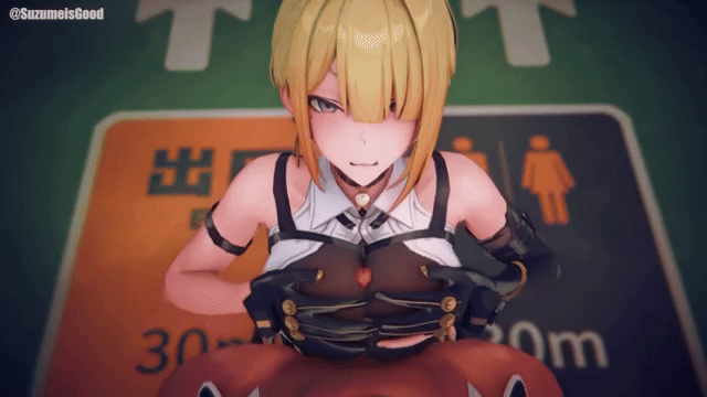 3d, animated, between breasts, big breasts, blonde hair, breasts, clothed, clothed paizuri, cock, dark penis, dark skin, dark-skinned male, evelyn chevalier, female, gif, holding breast, hoyoverse, human, human female, interracial, light skin, light-skinned female, male, male/female, paizuri, penis, titjob, zenless zone zero