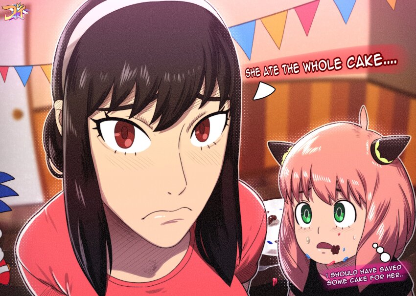 2girls anya_forger birthday_party black_dress black_hair brown_eyes cake clothing d-art decorations food_stains green_eyes no_nudity party pink_hair plate pov red_dress sad sad_face sfw sonic_the_hedgehog sprinkles text text_bubble wholesome yor_briar yor_forger
