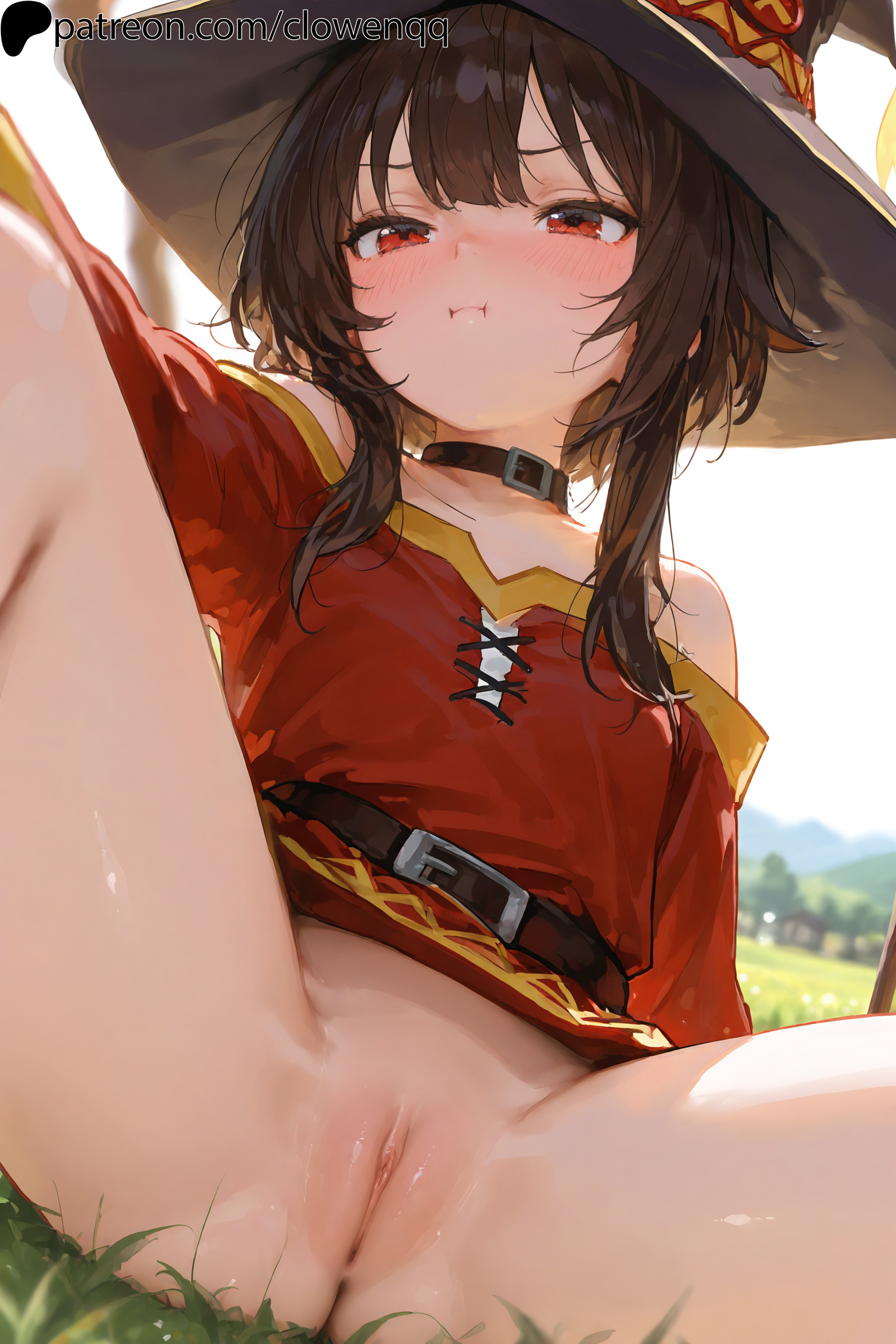 1girls, ai assisted, ai generated, blush, bottomless, brown hair, closed mouth, clowenqq, female, female focus, female only, from below, kono subarashii sekai ni shukufuku wo!, legs apart, legs spread, megumin, no panties, pout, pouting, pussy, red eyes, sitting, solo, solo female, solo focus, spread legs, thick thighs, thighs, uncensored, witch hat