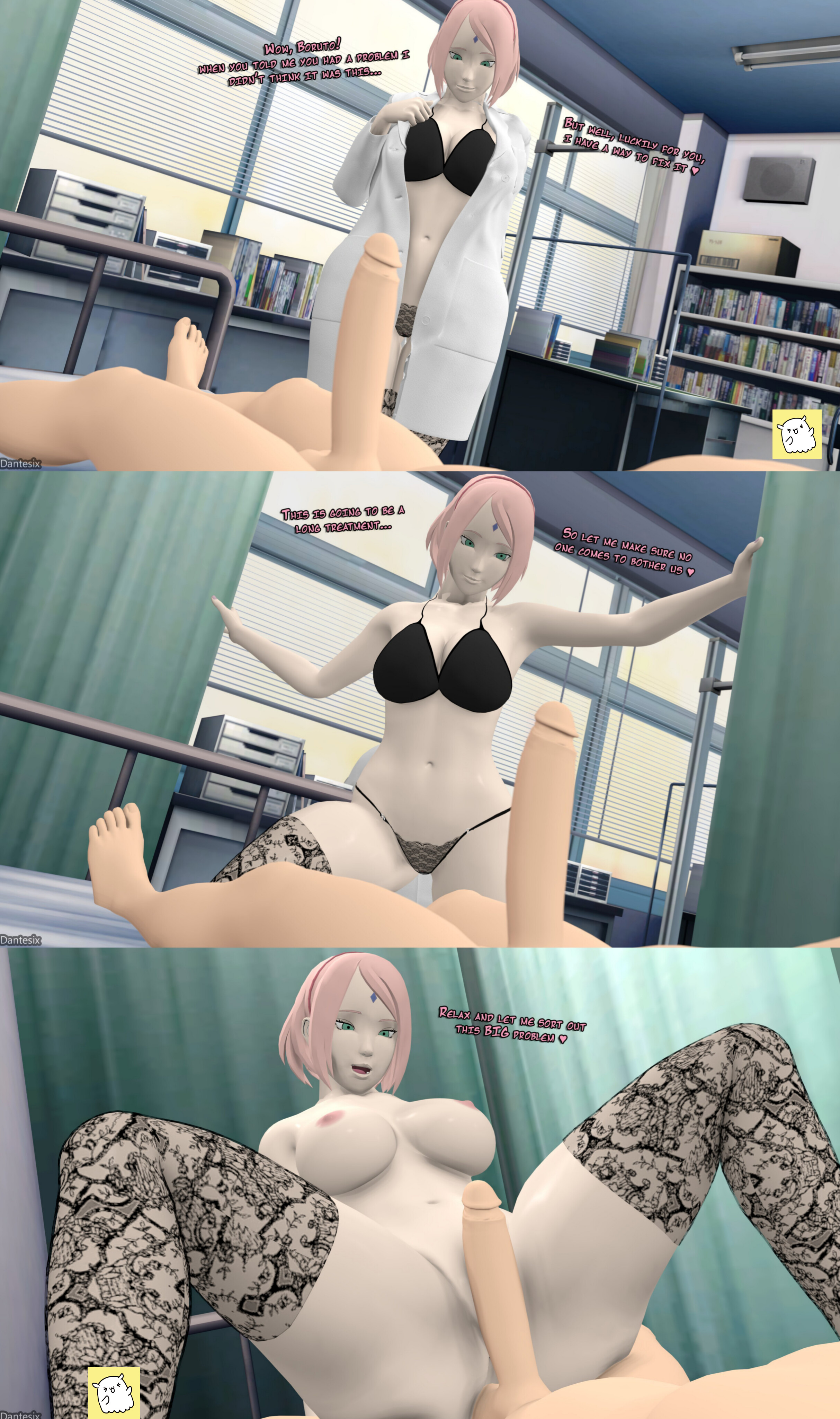 3d, ass, big ass, big penis, boruto: naruto next generations, bra, breasts, clothing, dante656565, dantesfm, dantesix, dialogue, doctor, dominant female, female, hospital, hospital bed, image, labcoat, male, medium breasts, naruto, naruto (series), panties, penis, pussy, sakura haruno, socks, stockings, underwear, vagina