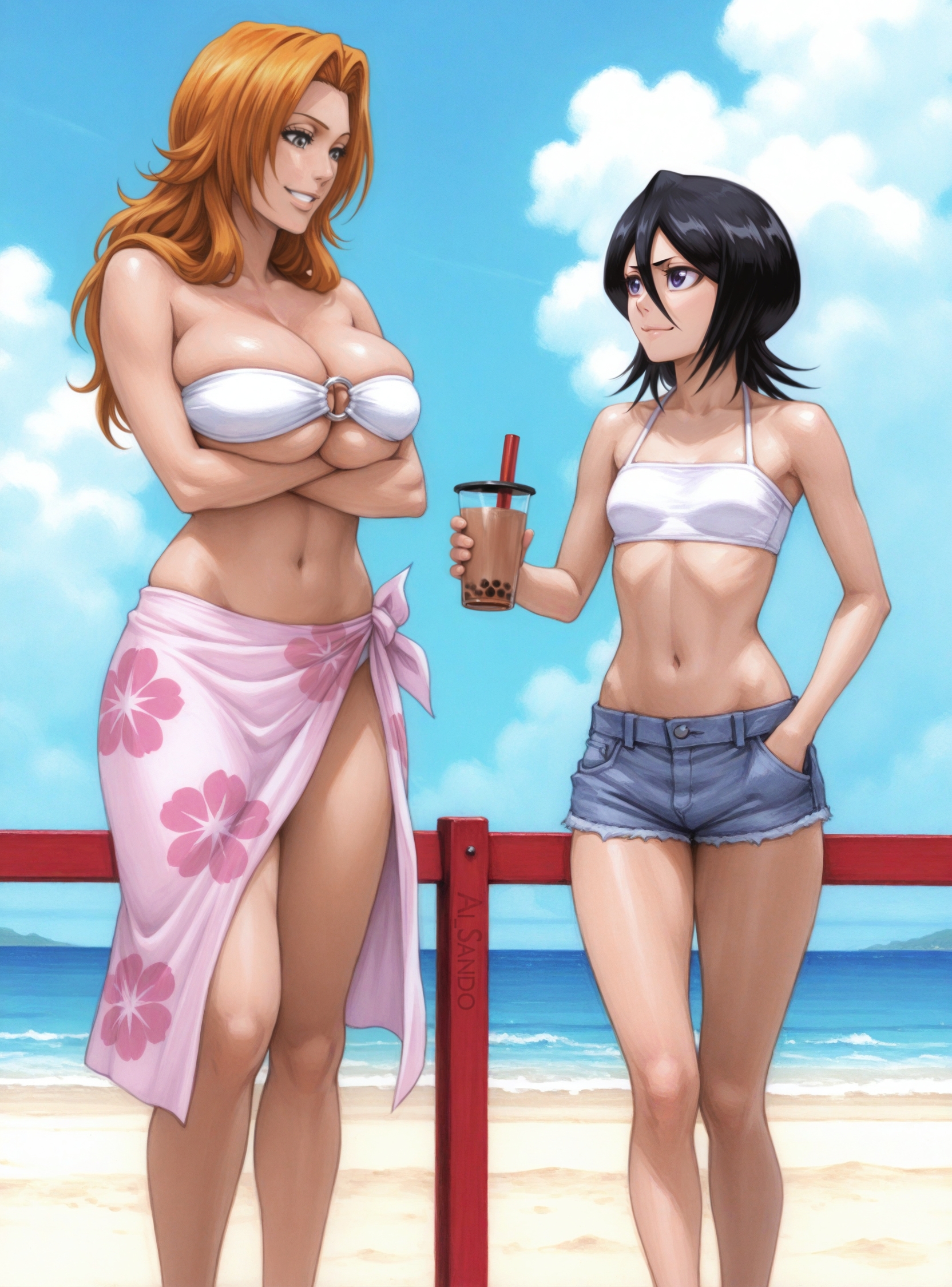 2girls, ai generated, ai sando, arms crossed under breasts, arms under breasts, beach, bikini top, black hair, bleach, breasts, bubble tea, closed mouth, clothed, cloud, crossed arms, day, female, floral print, grey eyes, hair between eyes, hand in pocket, height difference, holding object, kuchiki rukia, large breasts, long hair, looking at another, matsumoto rangiku, medium hair, navel, ocean, orange hair, outdoors, parted bangs, purple eyes, sand, sarong, sea, seaside, short shorts, skindentation, sky, sleeveless, small breasts, smile, straw, teeth, thighs, veiny breasts, water