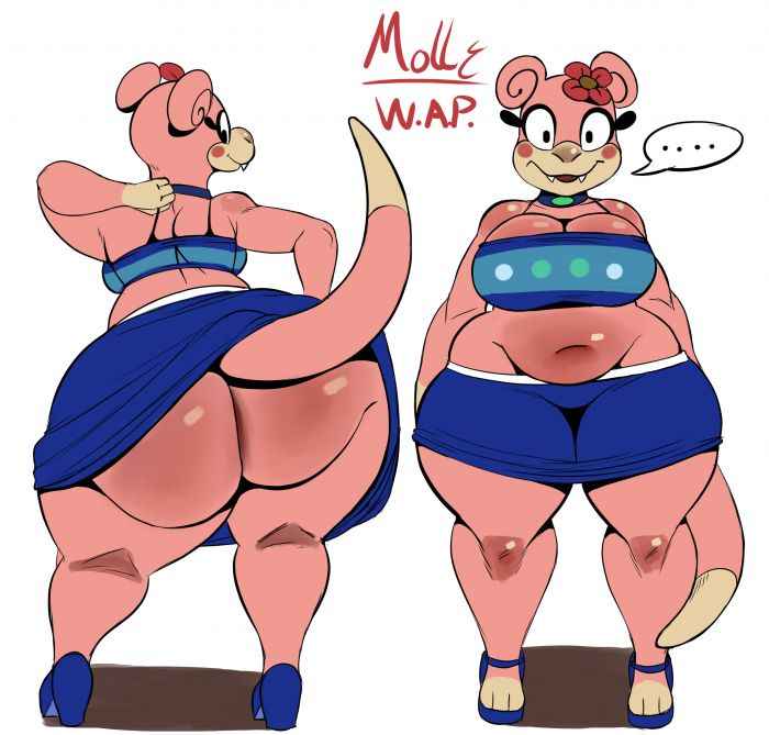 ass, big ass, big breasts, blue skirt, breasts, female, flower in hair, huge ass, isolatedartest, pink body, pokémon (species), pokemon, pokemon (species), skirt, slowpoke, tagme, tubetop