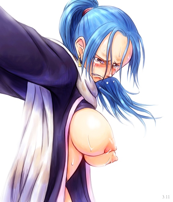 1girls blue_hair blush bonnie_(rsg) breasts crying earrings female female_only frown jewelry large_breasts nefertari_vivi nipples one_piece open_clothes ponytail princess solo straight_hair tear tied_hair