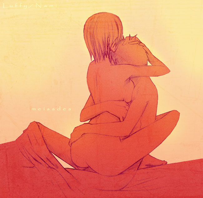 1boy, 1girls, 2d, ass, character name, color, comforting, completely nude, couple, cuddling, embrace, female, hand on hair, happy sex, hug, human, intimate, leg lock, legs around partner, love, male, male/female, meissdes, monkey d luffy, nami (one piece), nude, on bed, one piece, pre-timeskip, romantic, sex, shounen jump, sitting, source request, straddling, straight, straight hair, straw hat pirates, toei animation, undressing, upright straddle, wholesome, year request