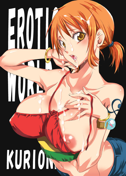 1girls blush breasts busty cleavage clothes color cum cum_in_mouth cum_on_body cum_on_breasts cum_on_upper_body facial female female_only hair human low_twintails nami nipple_slip nipples one_piece one_piece_film_strong_world orange_hair pre-timeskip short_twintails solo straight_hair tied_hair twintails voluptuous yu-ri_(kurione-sha)