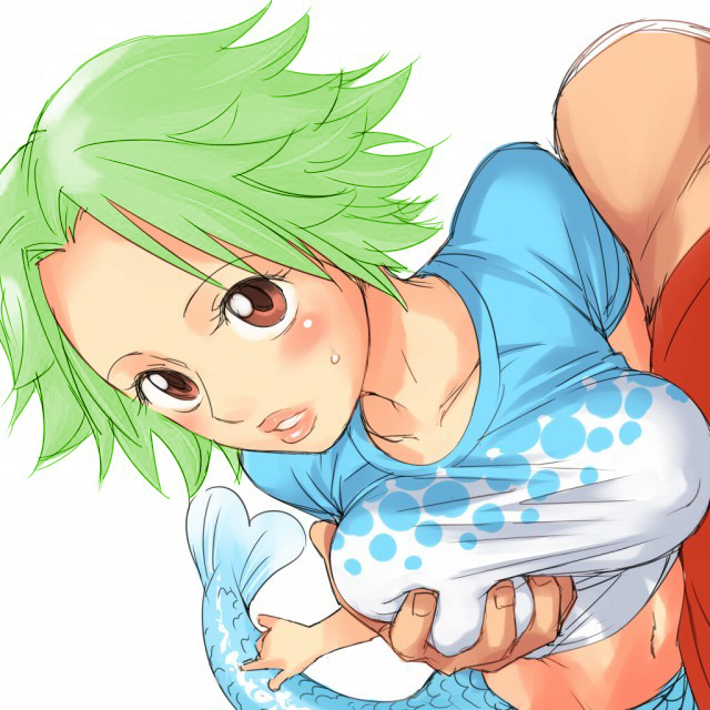 1boy blush breast_grab breasts brown_eyes camie female female_focus green_hair large_breasts male mermaid midriff monkey_d_luffy monster_girl mosha one_piece photoshop short_hair straight straight_hair unseen_male_face