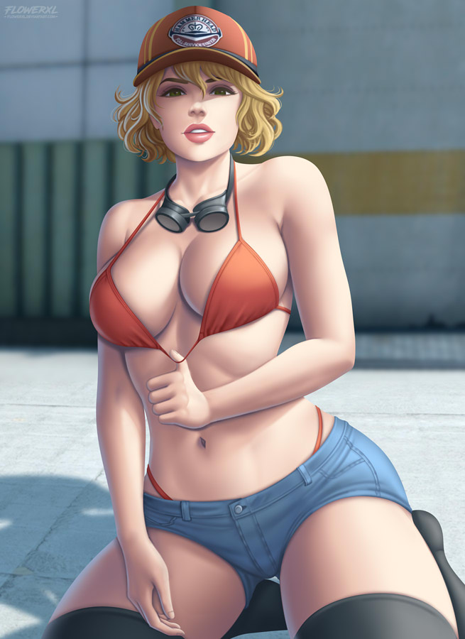 1girls big_breasts bra breasts cindy_aurum cleavage female female_only final_fantasy final_fantasy_xv flowerxl large_breasts looking_at_viewer sitting_on_soles solo thong_above_shorts thong_straps