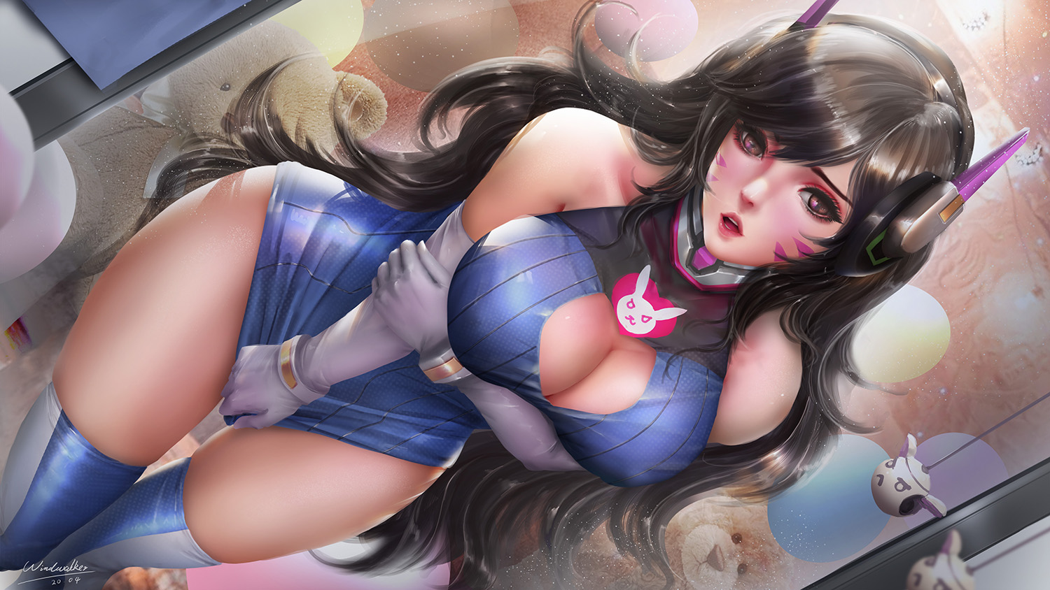 1girls, big breasts, breasts, cleavage, d.va, female, female only, large breasts, looking at viewer, overwatch, solo, thick thighs, thigh highs, wide hips, windwalker