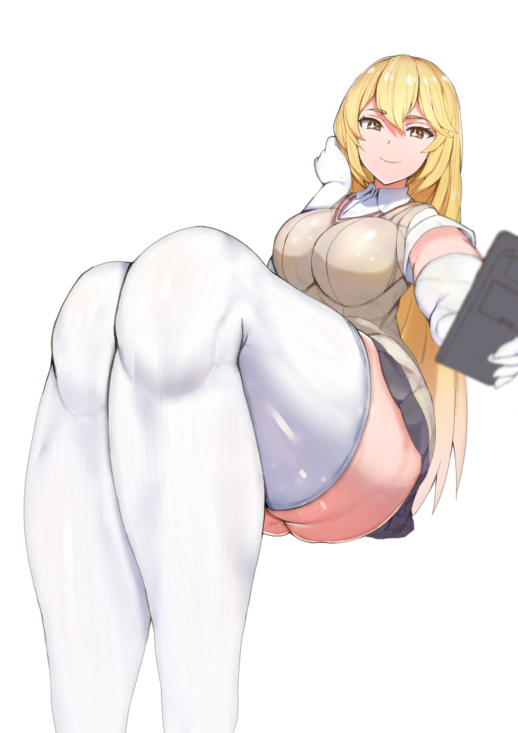 1girls, big breasts, blonde hair, breasts, brown eyes, female, female only, long hair, school uniform, schoolgirl, shokuhou misaki, sikijou77o, skirt, skj 77o, solo, solo female, solo focus, sparkling eyes, teenage female, teenager, thighhighs, to aru kagaku no railgun, to aru majutsu no index, tokiwadai school uniform, white background, young