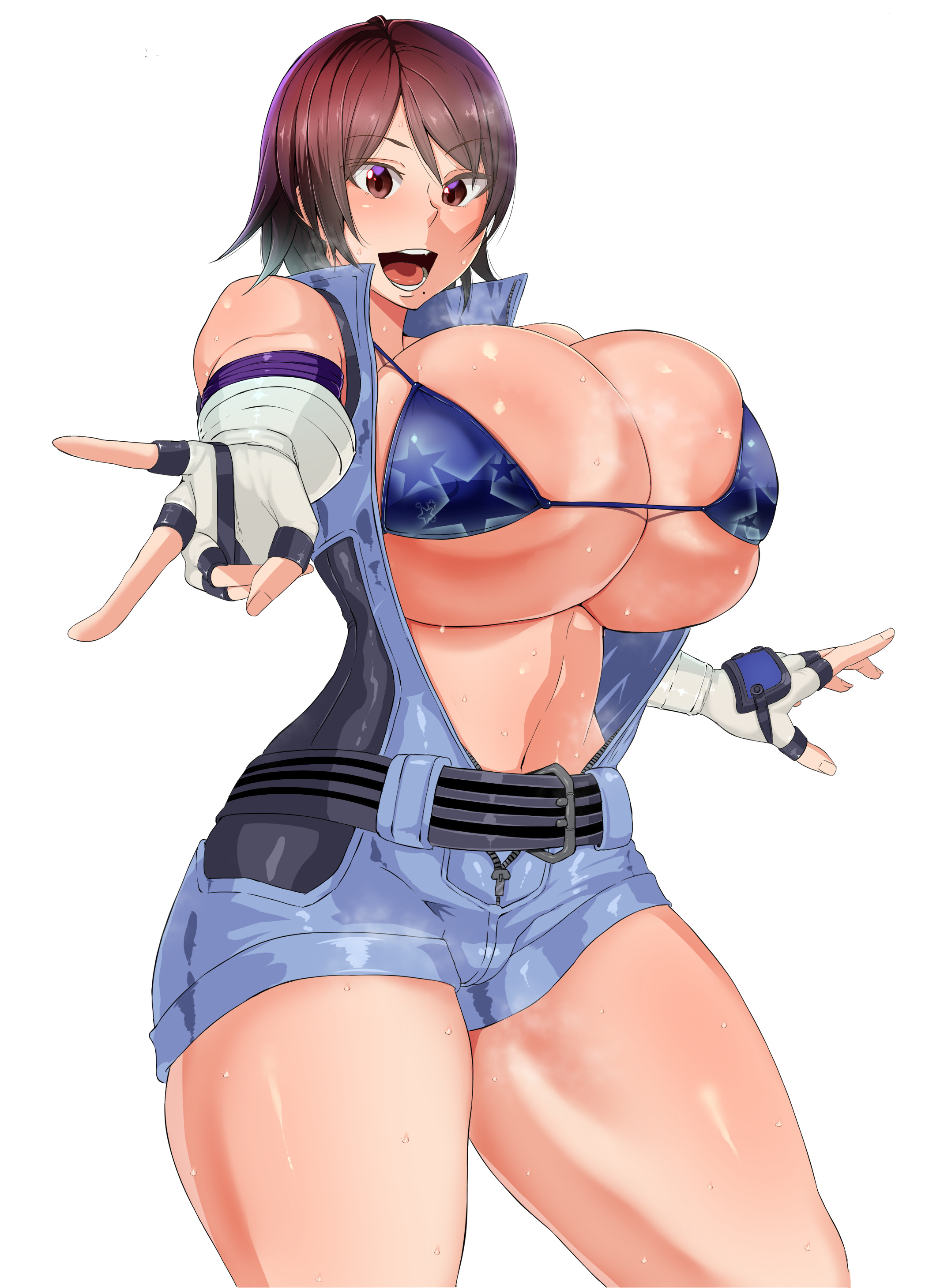 1girls, areolae, bikini top, breasts, brown eyes, brown hair, cleavage, curvy, female, female only, gigantic breasts, highres, huge breasts, kazama asuka, mucc, open mouth, short hair, skimpy clothes, smiling, solo, sweating, tekken, tekken 7, thick thighs, victory pose, wet