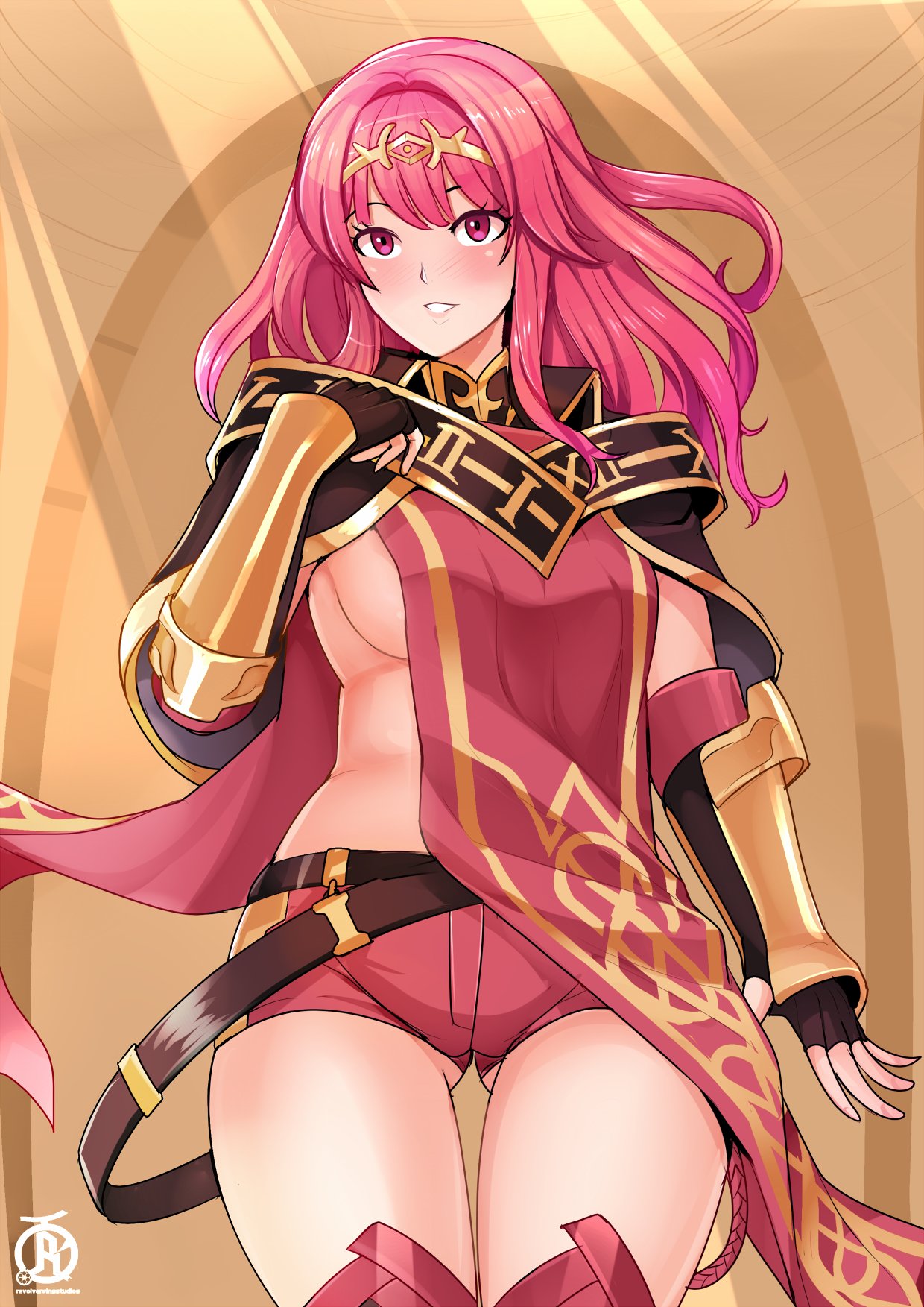 1girls, alternate costume, ass visible through thighs, bangs, belt, black gloves, blunt bangs, blush, breasts, cameltoe, cape, celica (fire emblem), circlet, elbow gloves, female, female only, fingerless gloves, fire emblem, fire emblem awakening, fire emblem gaiden, gloves, grin, hand up, highres, indoors, light, long hair, looking at viewer, medium breasts, no bra, official alternate costume, pink eyes, pink hair, red shorts, revealing clothes, revolverwingstudios, short shorts, shorts, sideboob, smile, solo, standing, stomach, tabard, thick thighs, thighhighs, thighs, tiara, tight shorts, underboob, wide hips
