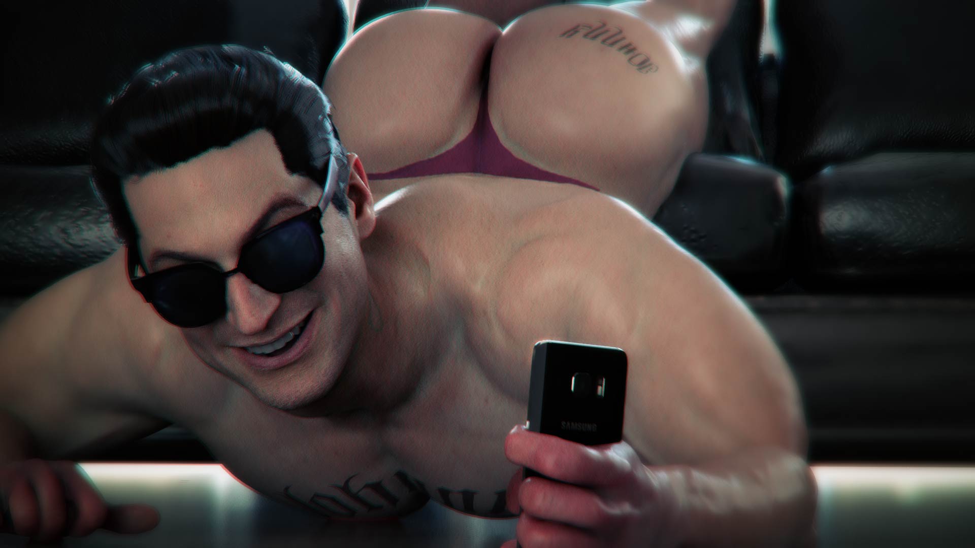 1boy, 3d, 3d (artwork), ass, bara, big ass, big butt, black hair, gay, gaymer93, johnny cage, male, male only, mortal kombat, mortal kombat 11, muscles, selfie, solo, sunglasses, tagme, tattoos, thong, yaoi