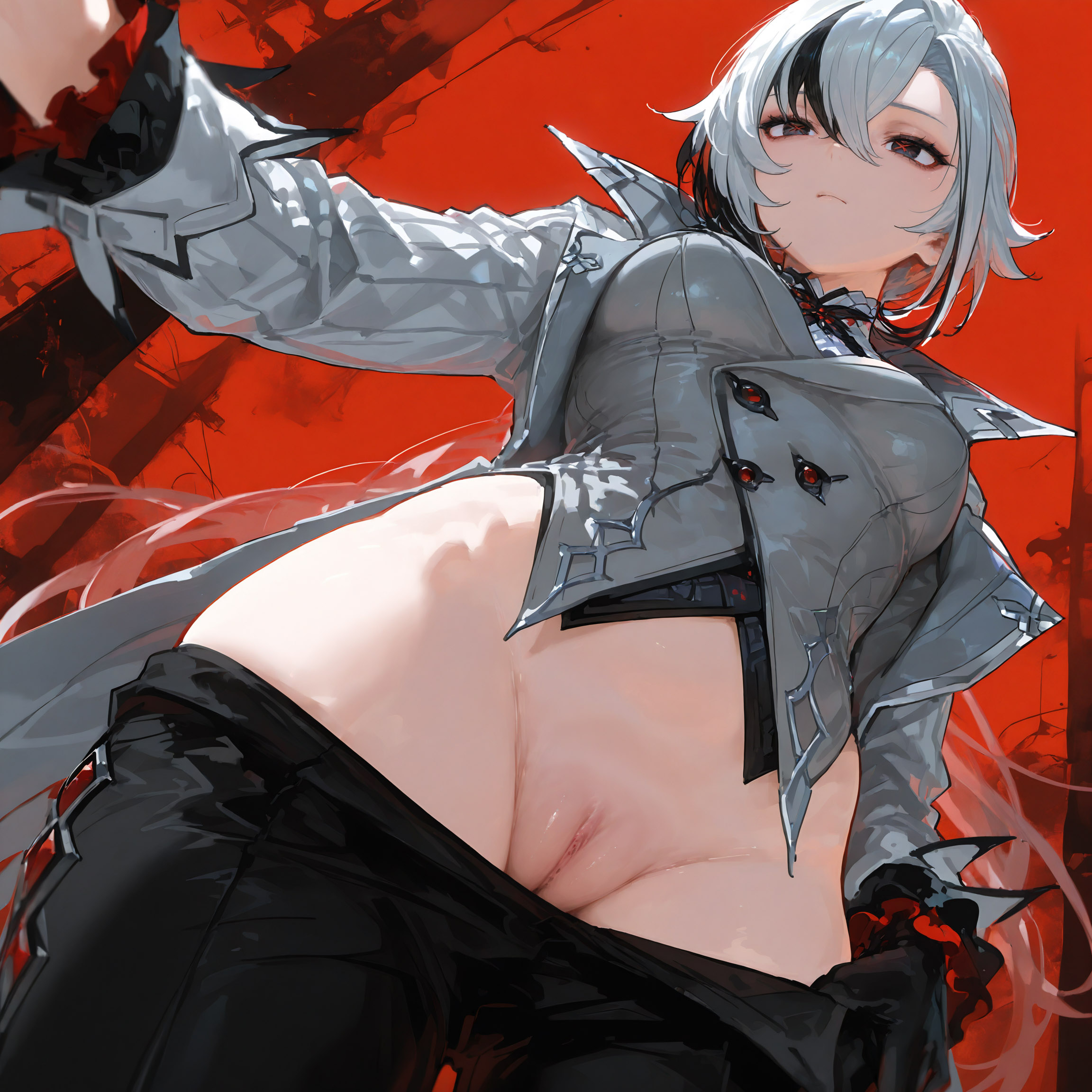 1girls, ai generated, arlecchino (genshin impact), breasts, female, female focus, female only, from below, genshin impact, krowenx, no panties, pants, pants down, presenting pussy, pussy, solo, solo female, solo focus, symbol-shaped pupils, two-tone hair, uncensored