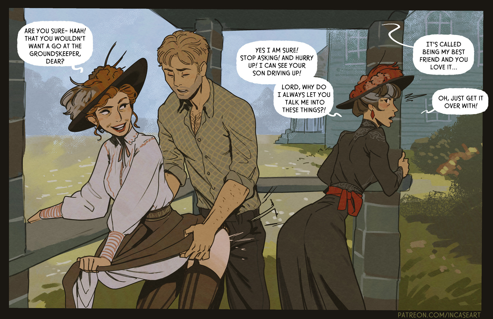 1boy, 1girl1boy, 2girls, age difference, caught, clothed sex, duo focus, english text, garter straps, groundskeeper, hetero, hidden sex, incase, mature female, milf, older female and younger male, original, sex, standing sex, text, thighhighs, victorian