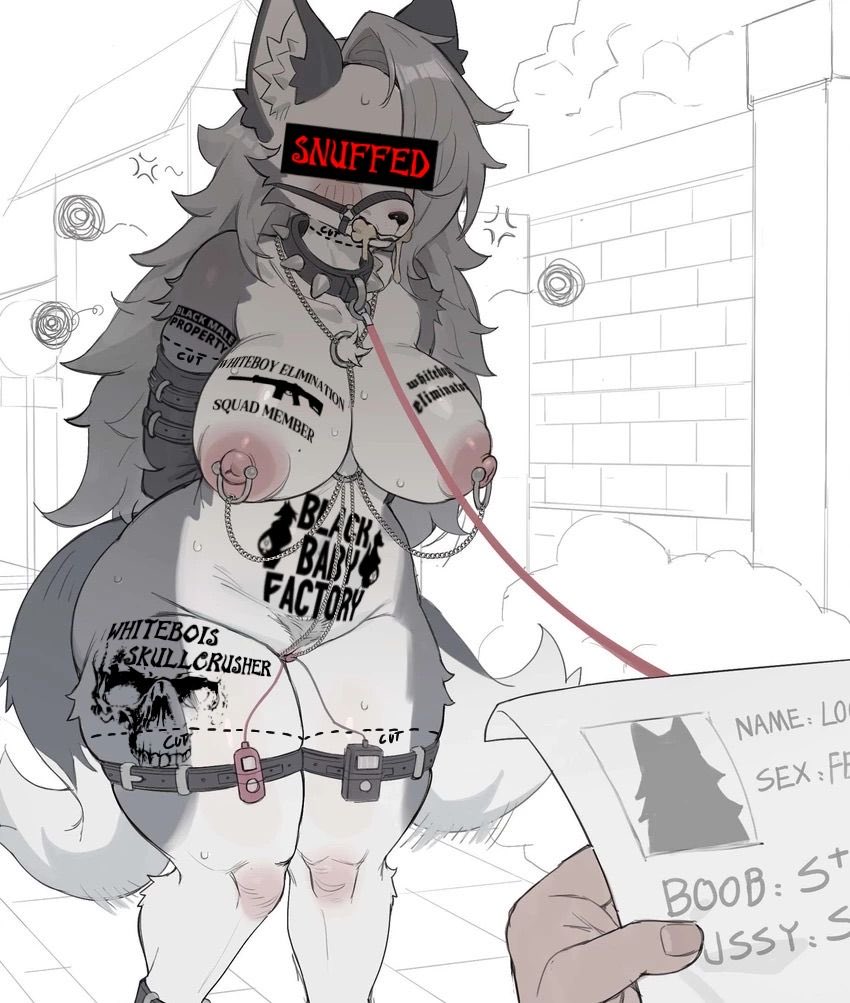 anthro, blacked, bondage, canine, demon, edit, edited, furry, helluva boss, imminent snuff, jingzhou14848, leash, leash and collar, leash pull, loona (helluva boss), mythology, sex toy, tattoo, text, third-party edit, vibrator in pussy, white body, white fur