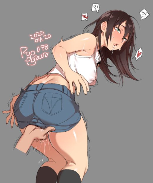 1girls, ass, ass cleavage, ass crack, big ass, blush, breasts, butt crack, clothed, denim skirt, disembodied hand, erect nipples, female, female ejaculation, fingering, fingering under clothes, from behind, nipples, pussy, pussy juice, ryo agawa, short skirt, skirt, solo focus, squirting