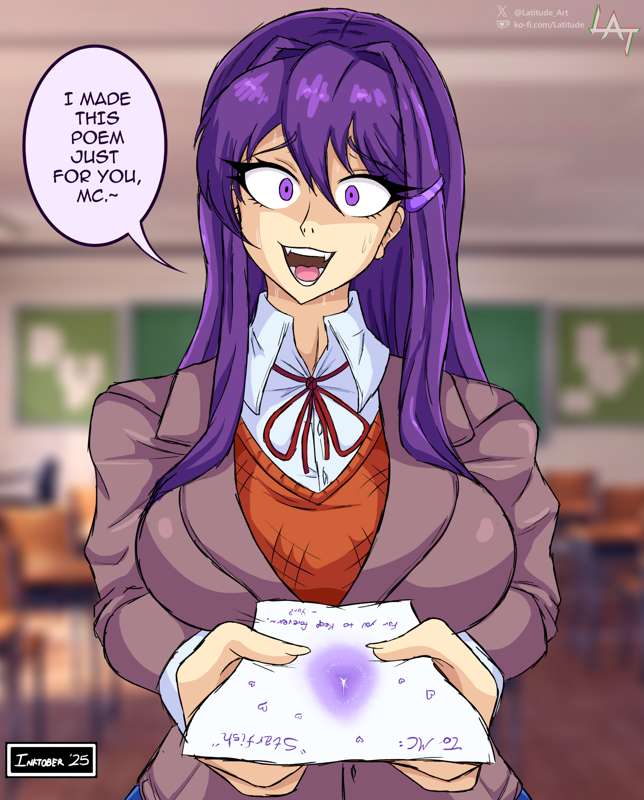anal autograph, big breasts, classroom, crazy eyes, doki doki literature club, female, inktober, inktober 2025, latitude art, long hair, looking at viewer, paper, purple eyes, purple hair, ribbon, school uniform, schoolgirl, solo, speech bubble, yuri (doki doki literature club)