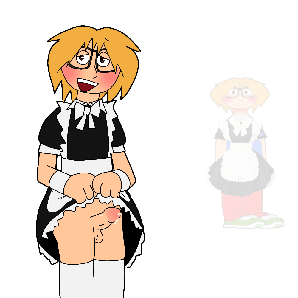 blonde hair, blush, brown eyes, clothes lift, cuffs (clothing), dress lift, erect penis, fact attack adventures, facty (fact attack adventures), glasses, half-closed eyes, hi res, lifting clothing, lifting dress, lifting own clothes, lifting skirt, maid, maid apron, maid dress, maid outfit, maid uniform, nonbinary, open mouth, penis, png, precum, precum drip, presenting, presenting penis, ribbon, ribbons, short hair, simple background, skinny, toony, uncensored, white background, white socks