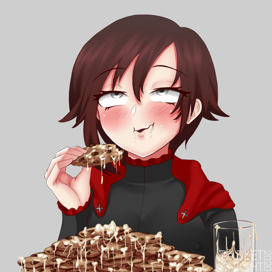 1girls ahe_gao blush carozzi chips_(costa) clothed cookie costa cum cum_covered cum_eating cum_in_container cum_in_glass cum_in_mouth cum_on_food dark_hair eating eating_cum female female_only food looking_pleasured ruby_rose rwby silver_eyes simple_background solo tabletknight upper_body