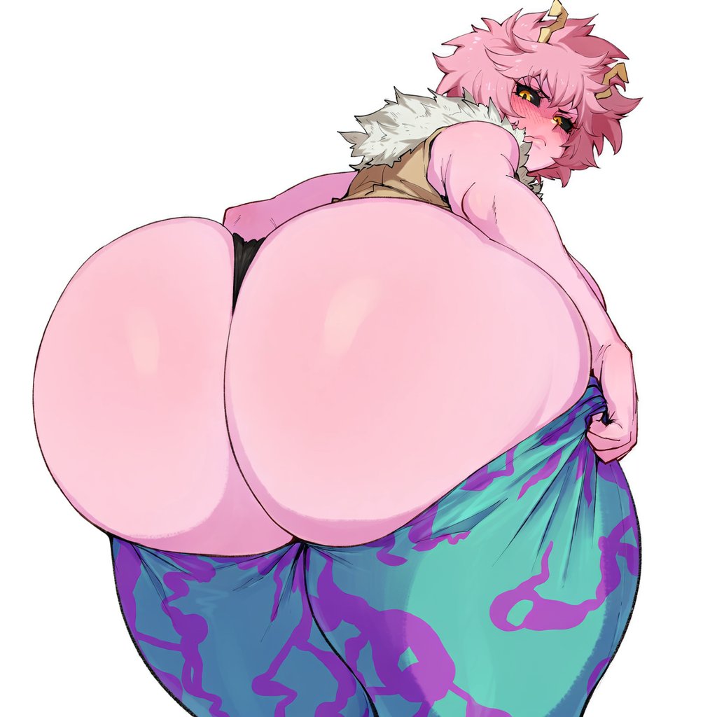 1girls, ai generated, ass, ass focus, ass of the gods, ass too big, big breasts, black sclera, breasts, dumptruck ass, female, female only, highdeadout, horns, huge ass, huge breasts, large ass, large breasts, looking at viewer, looking back, mina ashido, my hero academia, pink hair, pink skin, pulling up pants, short hair, solo, spankable ass, thick thighs, yellow eyes