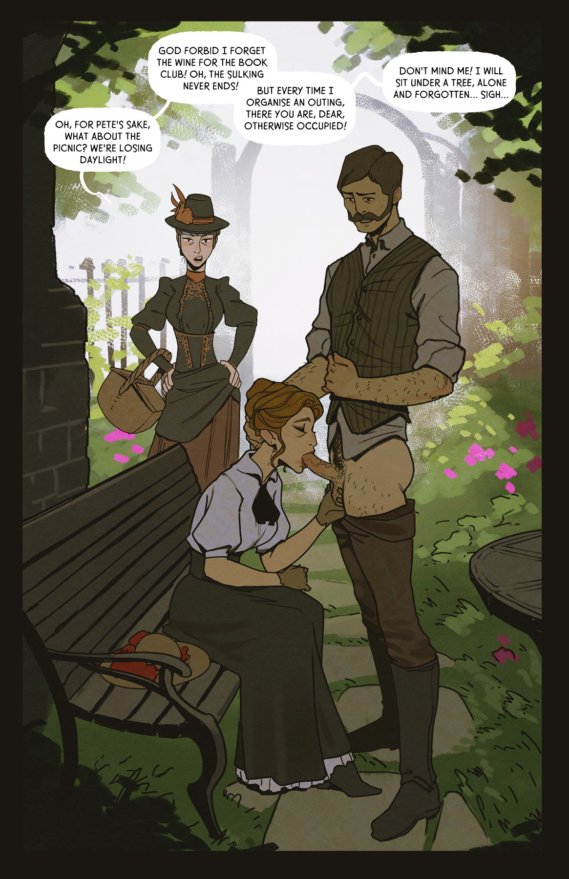1boy, 1girl1boy, 2girls, balls, caressing testicles, caught, clothed, duo focus, english text, fellatio, hetero, hidden sex, incase, mature female, milf, mustache, oral, original, park, park bench, penis, penis out, public indecency, sulking, text, victorian