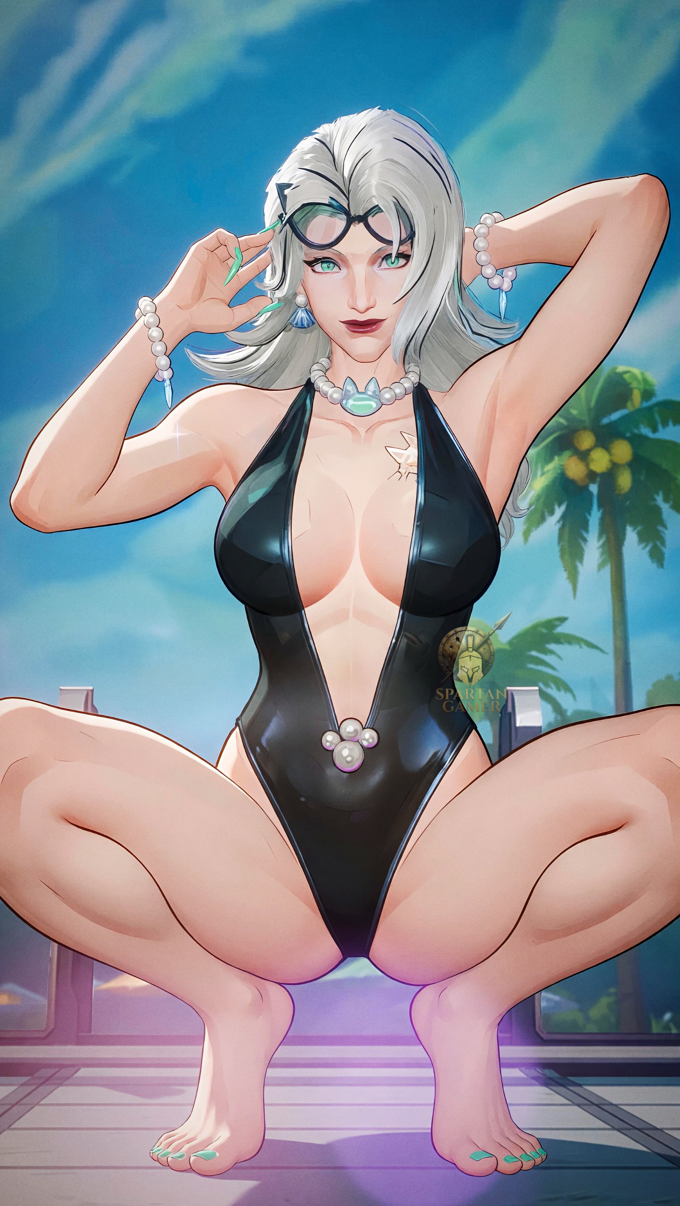 1girls, 3d, barefoot, big breasts, black cat (coastal cat), black cat (marvel rivals), black cat (marvel), cleavage, feet, felicia hardy, female, female only, fully clothed, marvel, marvel rivals, nail polish, solo, swimsuit, thick thighs, toenail polish