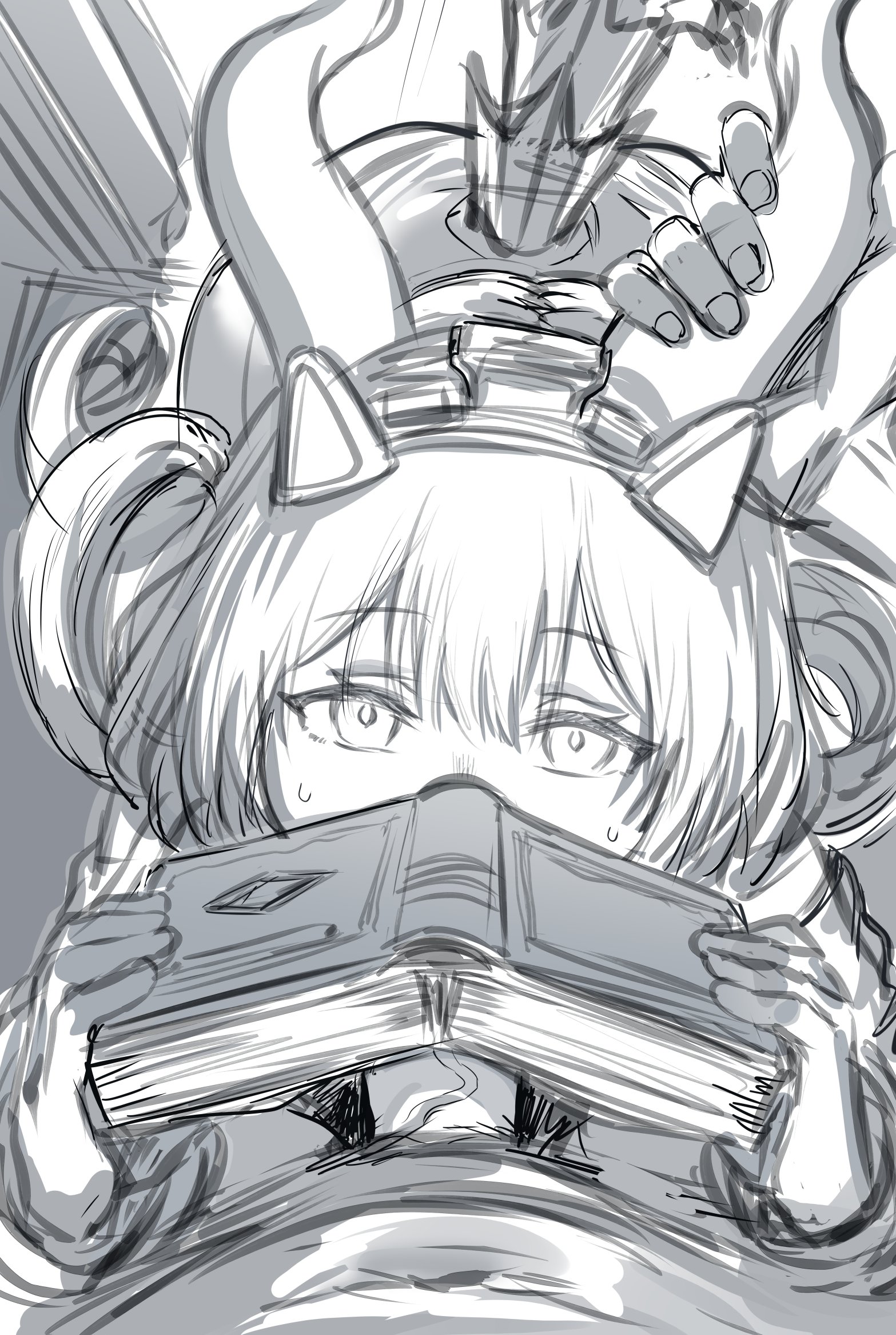 1boy, 1girl, 1girls, arknights, arknights: endfield, ass, big boobs, big breasts, big dom small sub, big horns, big tits, bigger male, blowjob, blush, blush lines, blushing, boobs, book, book covering mouth, breasts, covered breasts, covered nipples, covered penis, covering mouth, covering with object, detached sleeves, dragon tail, fellatio, female, female focus, femsub, grabbing horn, grabbing horns, greyscale, hews hack, horns, huge cock, huge penis, implied oral, large boobs, large breasts, large horns, large penis, large tits, larger male, legwear, long hair, male, male pov, male/female, maledom, monochrome, obscured oral, obscured penetration, oral, oral penetration, oral sex, pov, shortstack, sketch, smaller female, standing blowjob, straight, tail, testicles, thick thighs, thighs, tied hair, tits, typhoeus (arknights), veiny penis