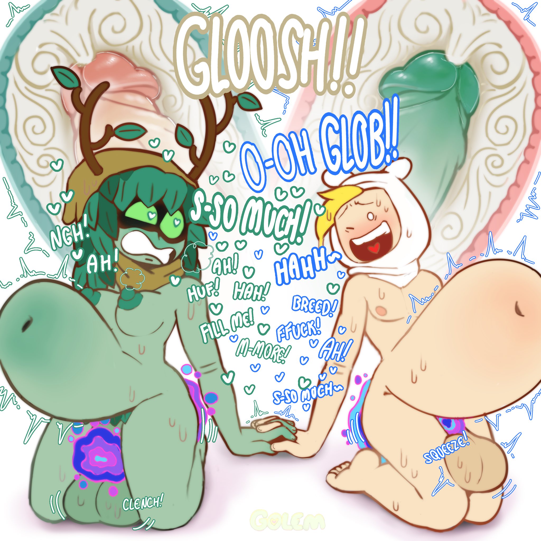 1boy, 1futa, adventure time, anal, antlers, balls, big balls, big breasts, big penis, blonde hair, blonde-haired male, blush, both sexes in same situation, breasts, cross section, cum, cum in ass, cum inside, cum while penetrated, cumflated belly, cumflation, ejaculation, femboy, femboy on futa, finn the human, futa on male, futanari, green eyes, green skin, hat, hat only, heart-shaped pupils, holding hands, huge cock, hung bottom, hung femboy, huntress wizard, inflation, kneeling, leaf hair, light skin, male, male on futa, mutual penetration, nude, nude futa, nude male, oogabutt, orgasm, penis, plant girl, portal sex, riding penis, sex, steamy breath, stomach bulge, sweat, sweating, sweaty, sweaty body, visible breath, white background, x-ray