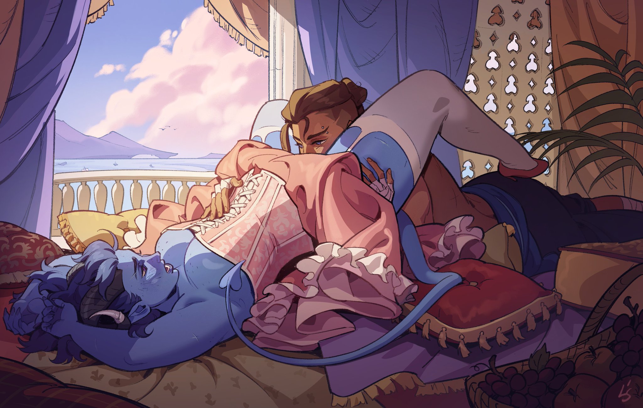 2girls, arm wraps, armpit crease, armpit fetish, armpits, arms above head, arms up, artist logo, artist signature, balcony, beauregard lionett, big breasts, blue eyes, blue hair, blue skin, blue-skinned female, blush, blushing, boat, brown hair, clothed, clothed female, clothed sex, cloud, clouds, color, colored, corset, critical role, cunnilingus, detailed background, dress, dress up, eating pussy, eyebrow piercing, female, female only, female/female, freckles, freckles all over, freckles on breasts, freckles on face, fruit basket, garter belt leggings, garter straps, hand on stomach, heels, horn jewelry, horns, jester lavorre, ladysantos, laying on back, laying on bed, laying on stomach, lesbian, lesbian sex, long fingernails, long hair, long nails, looking at partner, medium hair, mountain, mountain background, mountain range, mouth open, muscular, muscular arms, muscular back, muscular female, ocean background, oral, oral sex, pants, pants only, partially clothed, partially clothed female, plant, pleasure face, pointy ears, purple eyes, scar, scars, scars all over, scenery, sharp fingernails, sharp nails, skindentation, sky, small waist, stockings, tail, tan skin, tan-skinned female, thick thighs, thigh grab, thigh squish, tiefling, topless, topless female, wide hips, yuri