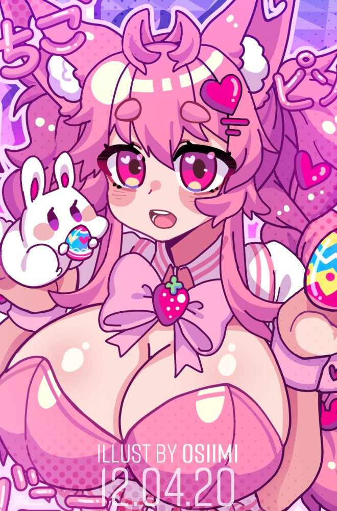 blush bowtie bunnysuit easter eggs fox_ears fox_girl hairclip huge_breasts kireina_pinky_fox osiimi pink_eyes pink_fur pink_hair pinky_fox_(osiimi) rabbit virtual_youtuber