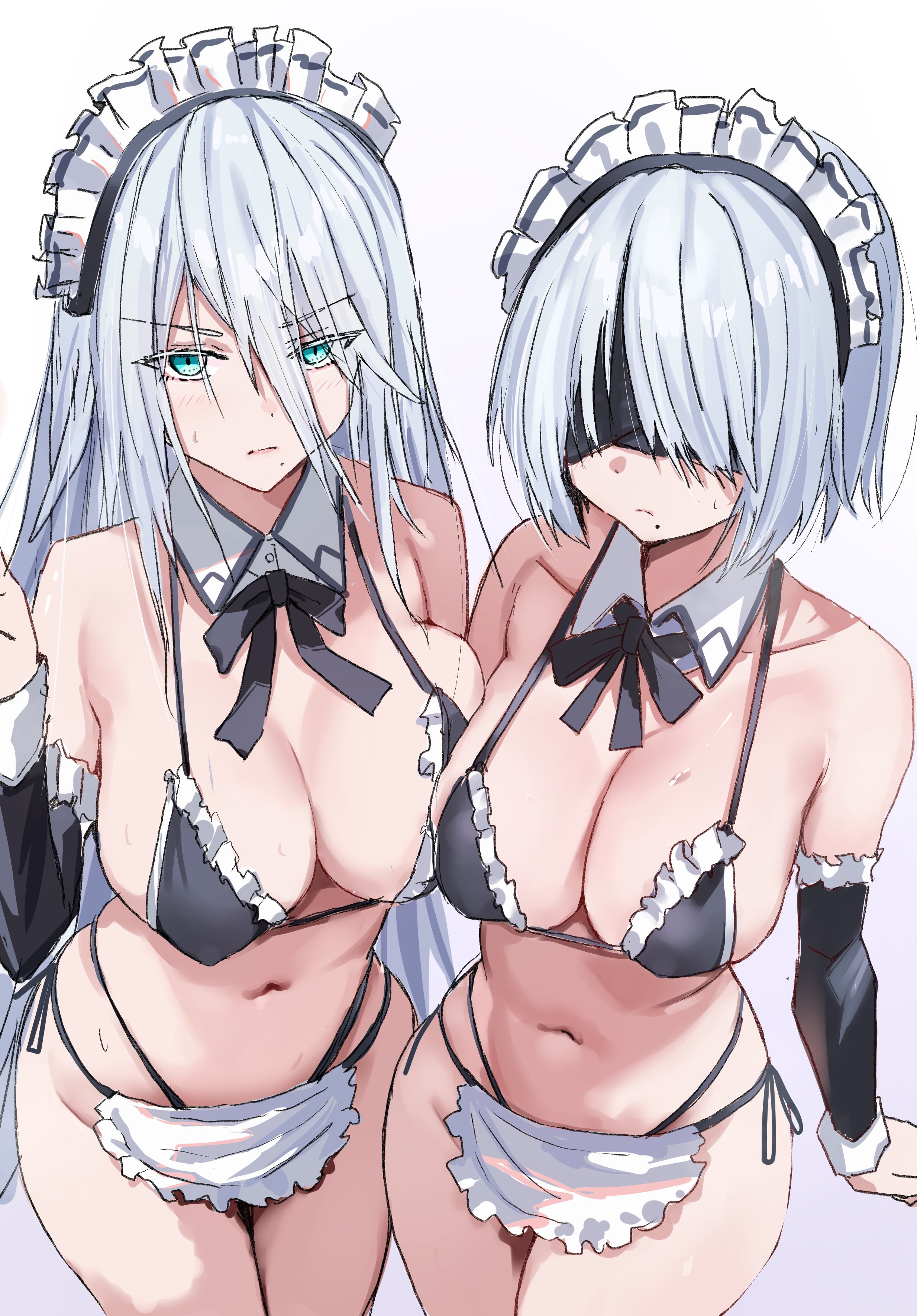 2girls, artist request, breasts, female, female focus, female only, large breasts, light skin, light-skinned female, looking at viewer, nier: automata, thick thighs, thighhighs, thighs, white background, wide hips, yorha 2b, yorha a2