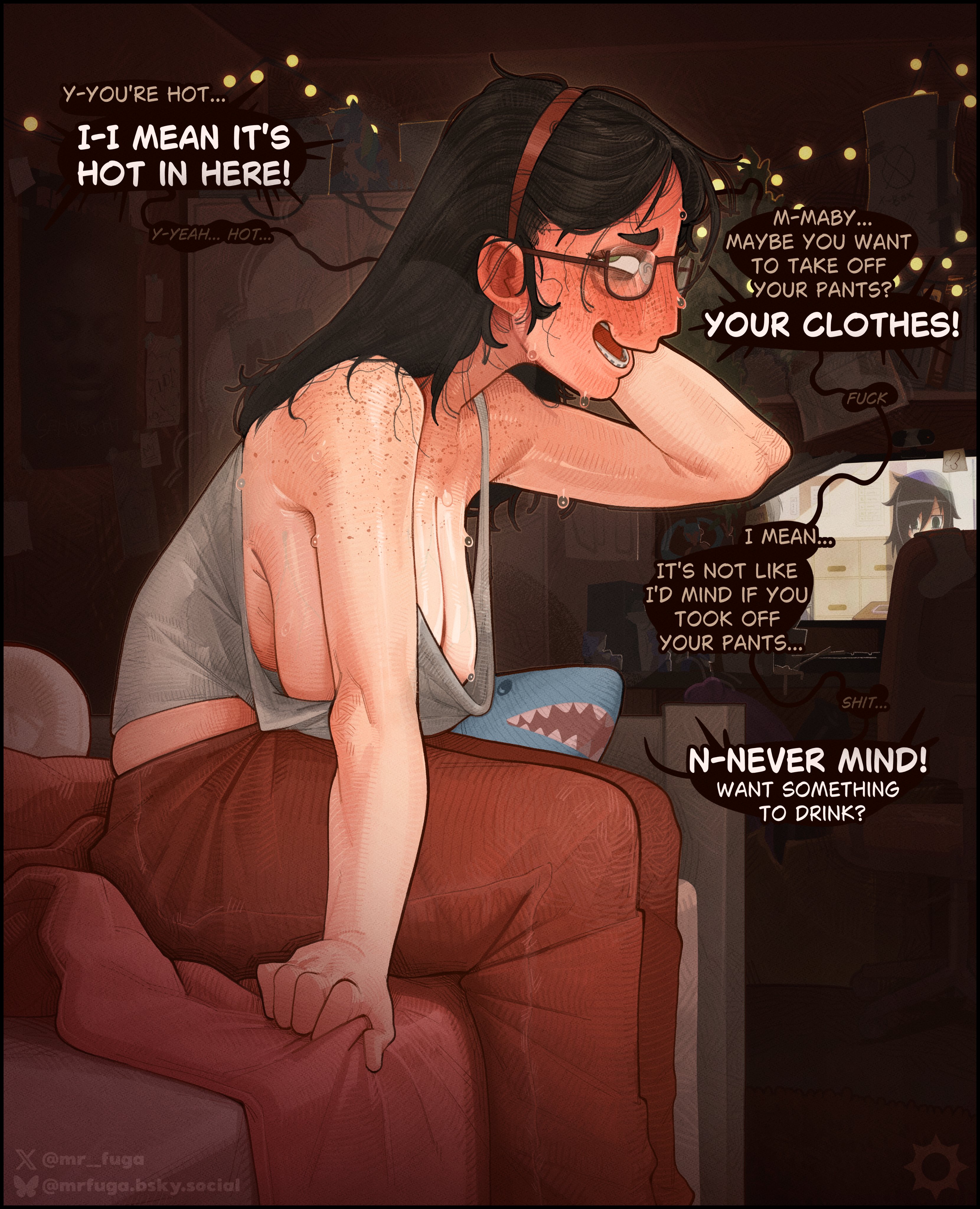 1girls, 2026, absurd res, absurdres, artist name, big breasts, black hair, blush, blush lines, blushing, blushing female, blushing profusely, breasts, busty, cleavage, clothed, clothed female, clothing, detailed background, dialogue, english, english dialogue, english text, female, female only, femcel, freckled face, freckles, freckles on chest, freckles on face, freckles on shoulders, glasses, hairband, hanging breasts, hi res, highres, horny, horny female, large breasts, light skin, light-skinned female, long hair, mr fuga, neet, nerd, nerdy female, original, original character, pov, sagging breasts, side boob, side view, skimpy, skimpy clothes, solo, solo female, speech bubble, steam, steaming body, straight hair, sweat, sweatdrop, sweating, sweaty, sweaty body, sweaty breasts, text, unkempt, watermark