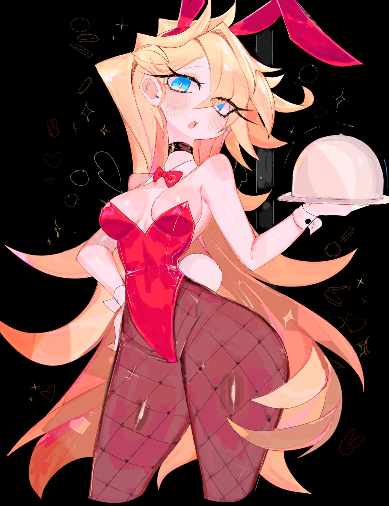 1girls, black background, blonde, blonde female, blonde hair, blonde-haired female, blue eyes, blush, blushing, bow, bow tie, bowtie, breasts, bunny girl, carrying, carrying object, choker, cleavage, clothed, clothing, eyelashes, fake animal ears, fake rabbit ears, female, fishnet legwear, fishnet pantyhose, fishnets, golden hair, hand on hip, headgear, hi res, high resolution, highres, hourglass figure, latex clothing, leotard, long hair, looking at viewer, medium breasts, open mouth, panty & stocking with garterbelt, panty anarchy, pantyhose, pillow shading, playboy bunny, red clothing, red latex, serving tray, shiny skin, solo, standing, tagme, thick, thick thighs, thighs, three-quarter portrait, usa37107692, very long hair, voluptuous, voluptuous female, wide hips, yellow hair