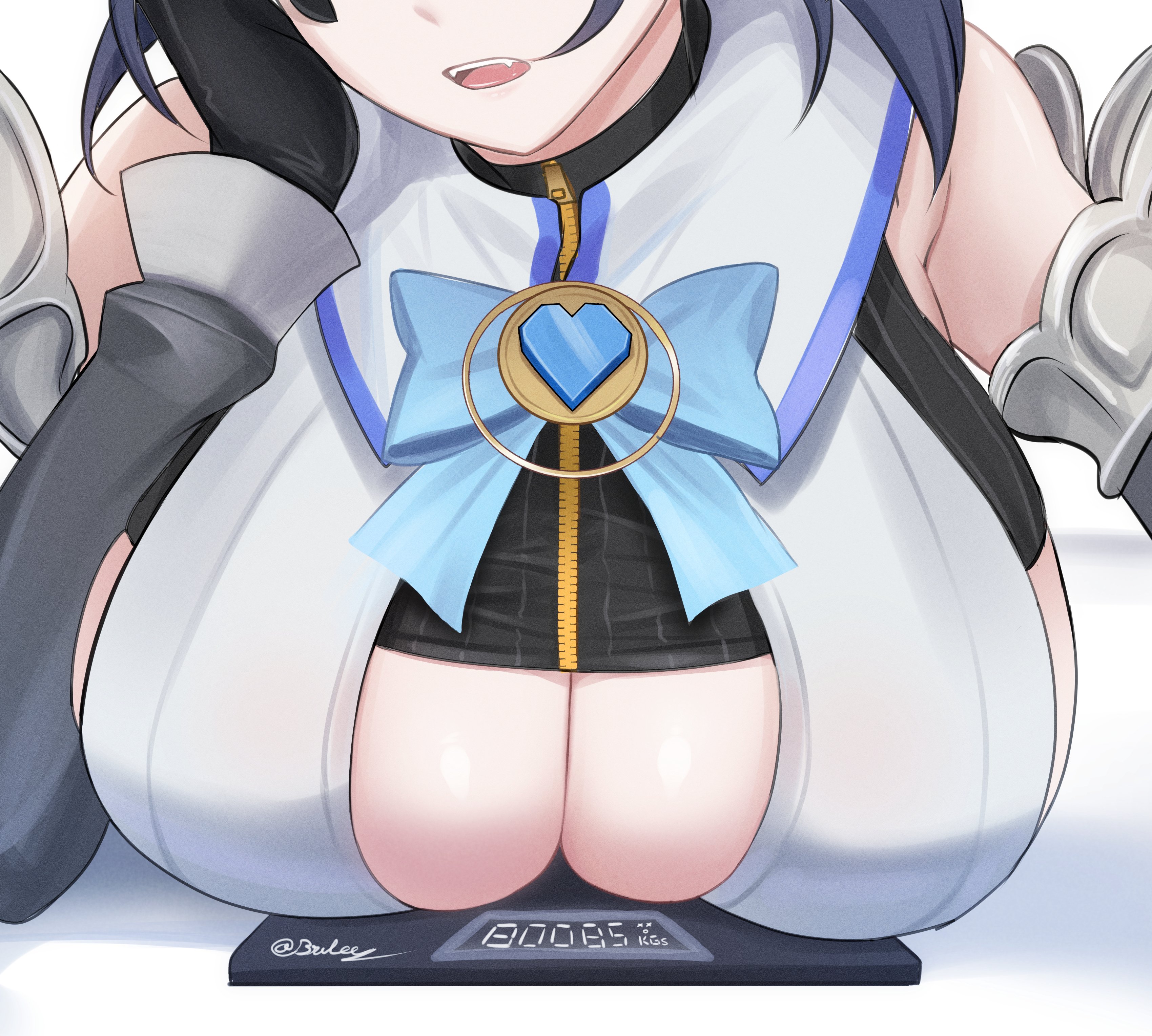 1girls, 80085, armpit peek, bare shoulders, big breasts, black shirt, blue hair, breasts, breasts bigger than head, breasts focus, breasts rest, breasts resting on table, brulee, cleavage cutout, clothed, clothed female, crop top, detatched sleeves, elbow on table, face out of frame, female, female focus, gloves, hand on cheek, heart gem, heart jewelry, heavy breasts, hololive, hololive english, hololive english -council-, hololive english -promise-, huge breasts, large breasts, light skin, light-skinned female, mouth open, open mouth, ouro kronii, ouro kronii (1st costume), puffy sleeves, ribbon, scale, shiny skin, short hair, sideboob cutout, sling top, solo, solo focus, striped shirt, teeth, tongue, virtual youtuber, weighing breasts, weighing scale, weight scale, white shirt, zipper
