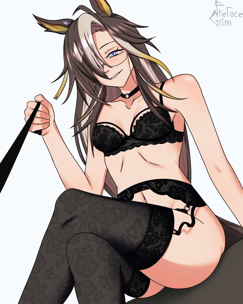 animal ears, black bra, black lingerie, black panties, dream journey (umamusume), female, glasses, gray hair, grey hair, horse ears, horse girl, horse tail, leash, leash pull, legs crossed, lingerie, prefacegrim, sitting, small breasts, smile, tail, umamusume, umamusume pretty derby