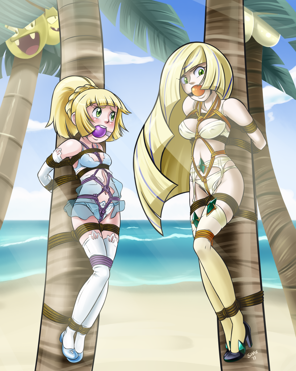 2girls aether_foundation alolan_exeggutor ambiguous_gender ball_gag bondage bound bra breasts elbow_gloves gag game_freak human lillie_(pokemon) lusamine_(pokemon) mother_and_daughter nintendo panties pokemon pokemon_sm shax_(artist) shaxbert thighhighs underwear