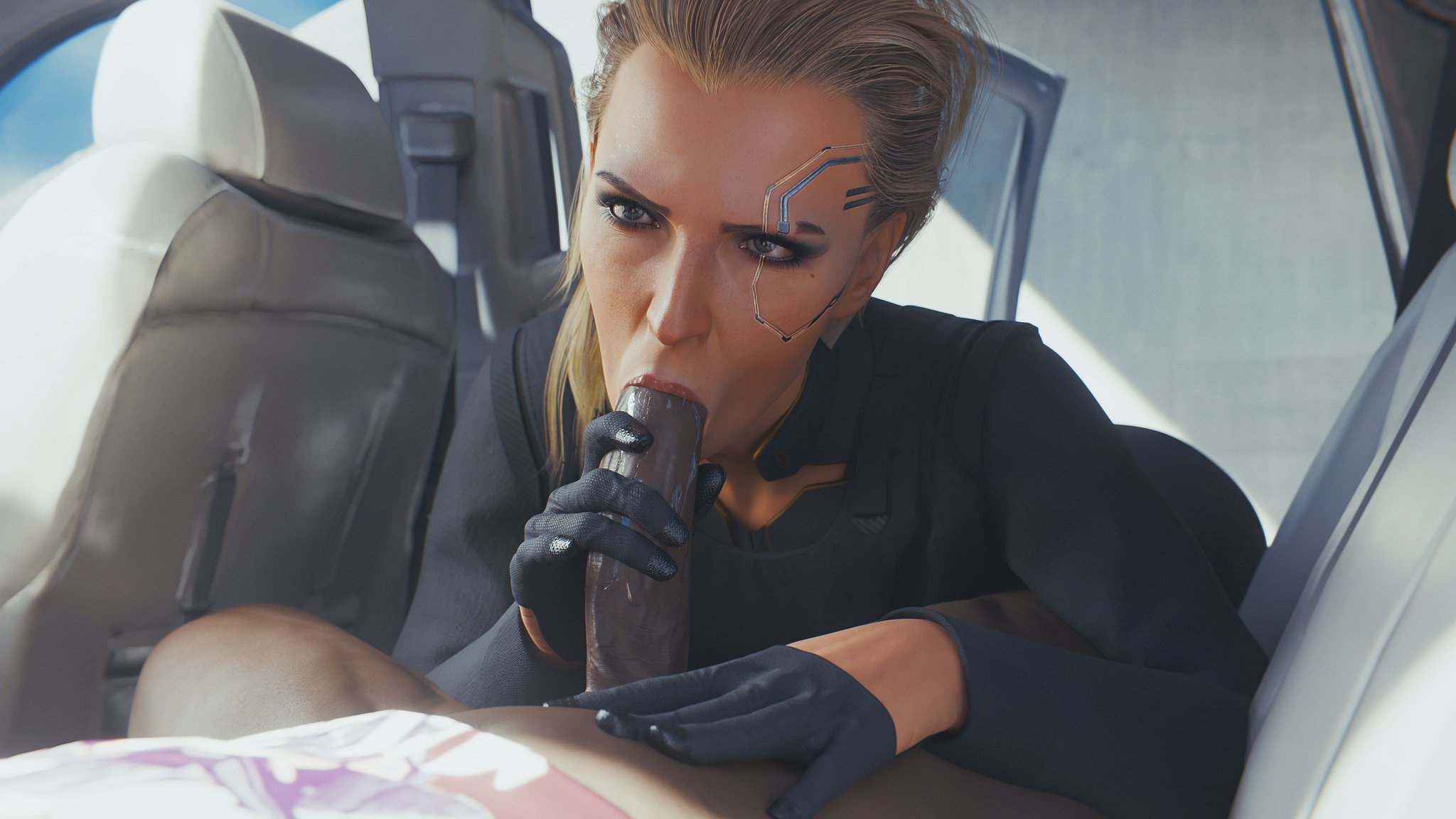 1boy, 1girls, 3d, black gloves, blonde hair, blowjob, blue eyes, bottomless, bottomless male, button down shirt, car, car sex, clothed, clothed female, cybernetics, cyberpunk (series), cyberpunk 2077, cyberware, dark skin, dark-skinned male, detailed background, eyebrow slit, eyeliner, eyeshadow, fellatio, female, fugtrup, gloved handjob, gloves, hand on penis, handjob, handjob while sucking, handjob with gloves, hetero, holding penis, interracial, light skin, light-skinned female, lipstick, long hair, makeup, male, male/female, mascara, meredith stout, mole, mole under eye, office clothing, office lady, oral, oral penetration, oral sex, partially clothed, partially clothed male, public, public sex, risky sex, straight, sucking penis, touching penis