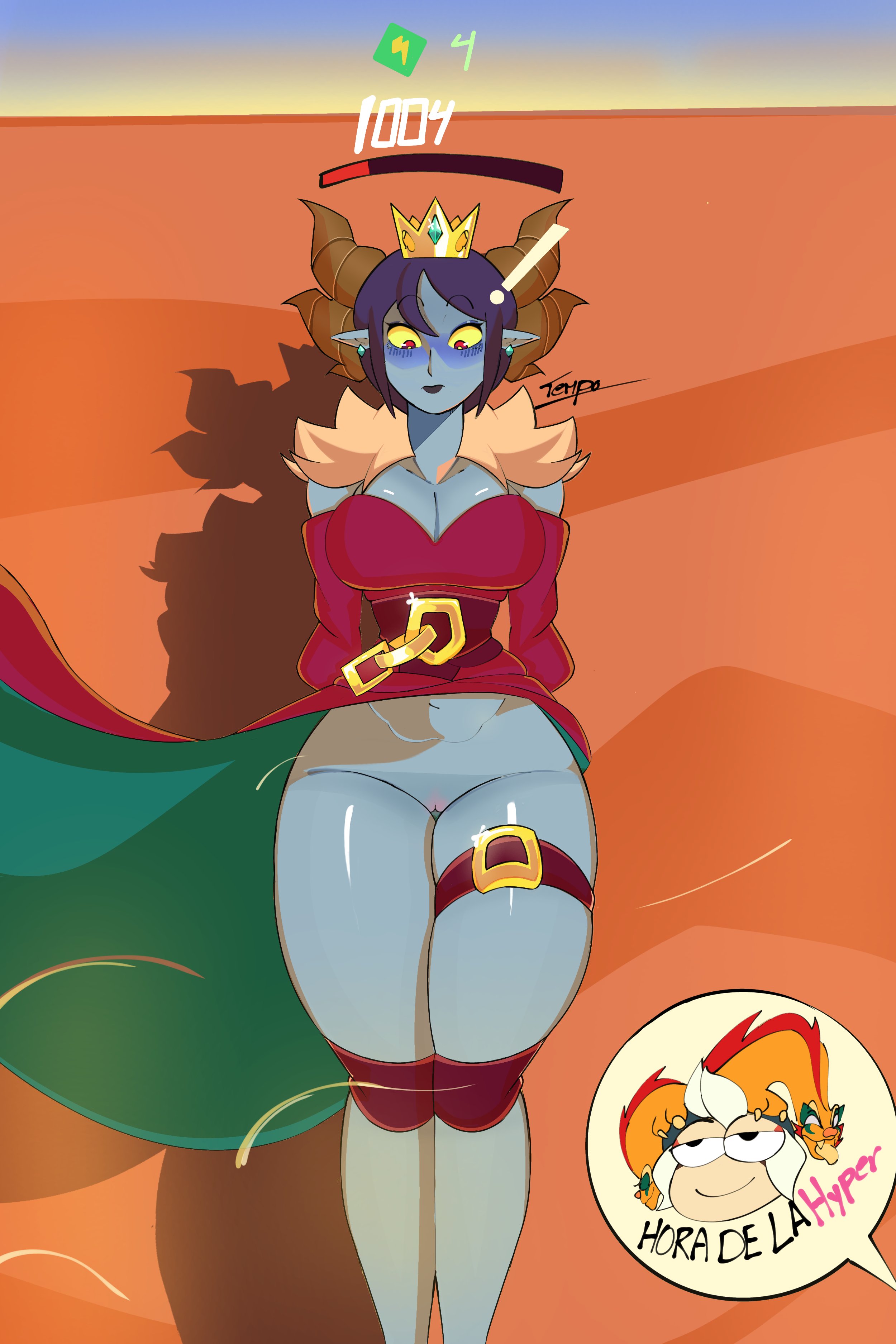 1boy, 1girls, accidental exposure, artist request, black hair, blue body, blush, blushing, brawl stars, breasts, chester (brawl stars), cleavage, crown, dress, earrings, exposed pussy, horns, large breasts, looking down, malicious mandy (brawl stars), mandy (brawl stars), navel, no panties, no underwear, pointy ears, pussy, red eyes, short hair, slim waist, tagme, tagme (artist), thick thighs, tight clothing, voluptuous, wide hips, yellow sclera