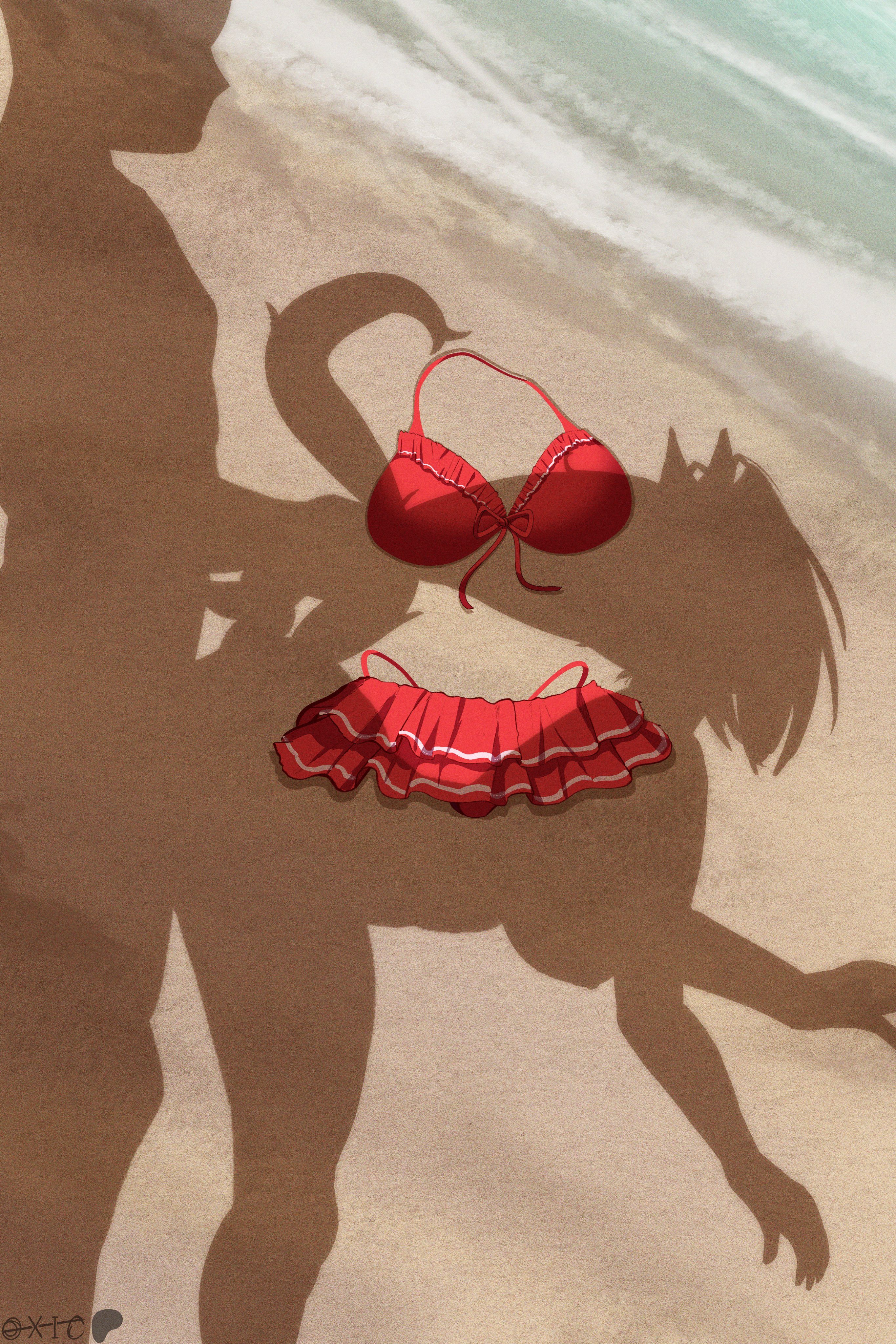 1boy, 1girl, beach, carrying position, daiwa scarlet (umamusume), dressed shadow (meme), grabbing another's hair, horse girl, implied exhibitionism, implied nudity, implied sex, meme, outdoors, oxicmar, red bikini, sex, sex from behind, trainer (umamusume), umamusume, umamusume pretty derby, unworn bikini